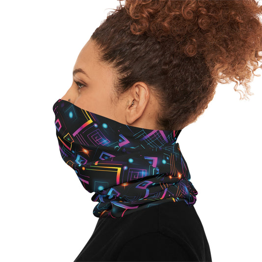 "A tiling pattern of abstract geometric shapes in neon colors with laser beam accents on a black background" - Lightweight Neck Gaiter