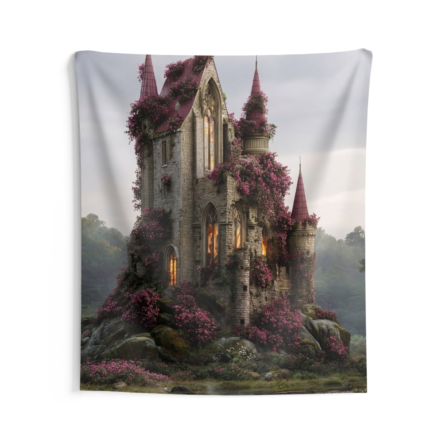 Rose-Covered Castle Wall Tapestry – Twilight Bloom Sanctuary