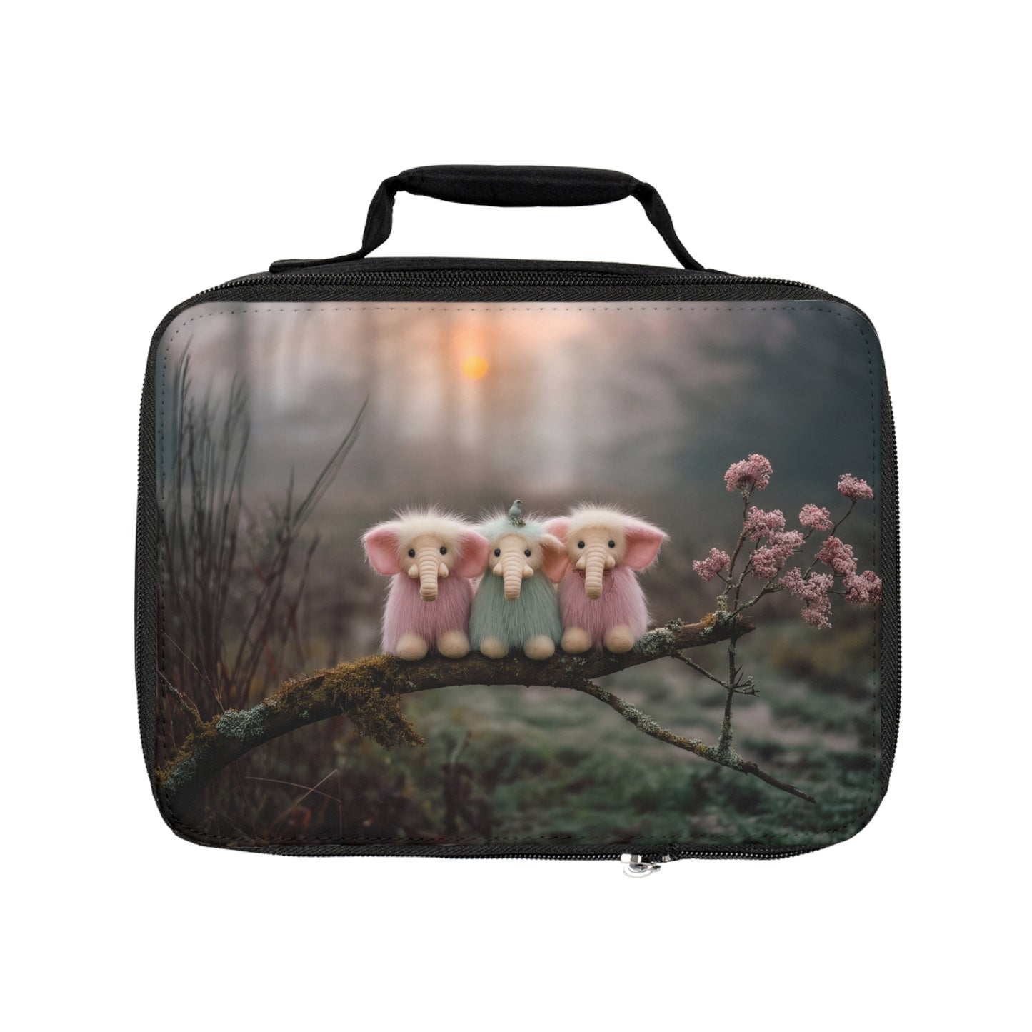 Three Furry Forest Elephants Lunch Bag – Soft Twilight Friends on a Mossy Branch