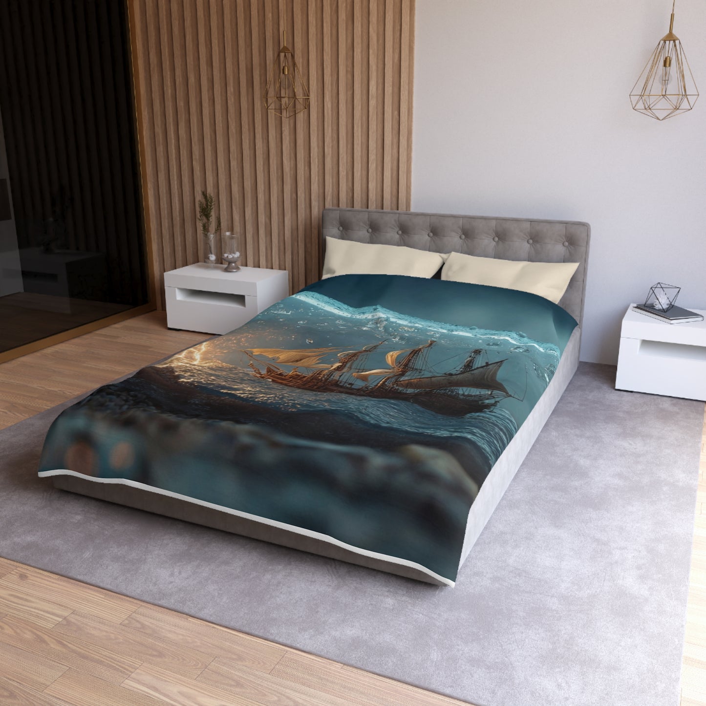 Storm-Sailed Ship in Bottle Microfiber Duvet Cover – Pocketed Ocean Dreamscape