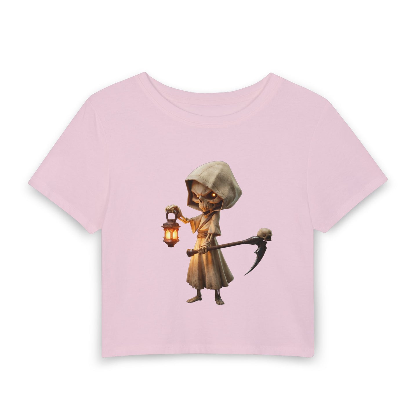 Lantern-Bearing Skeleton Baby Tee – Hooded Guardian with Scythe
