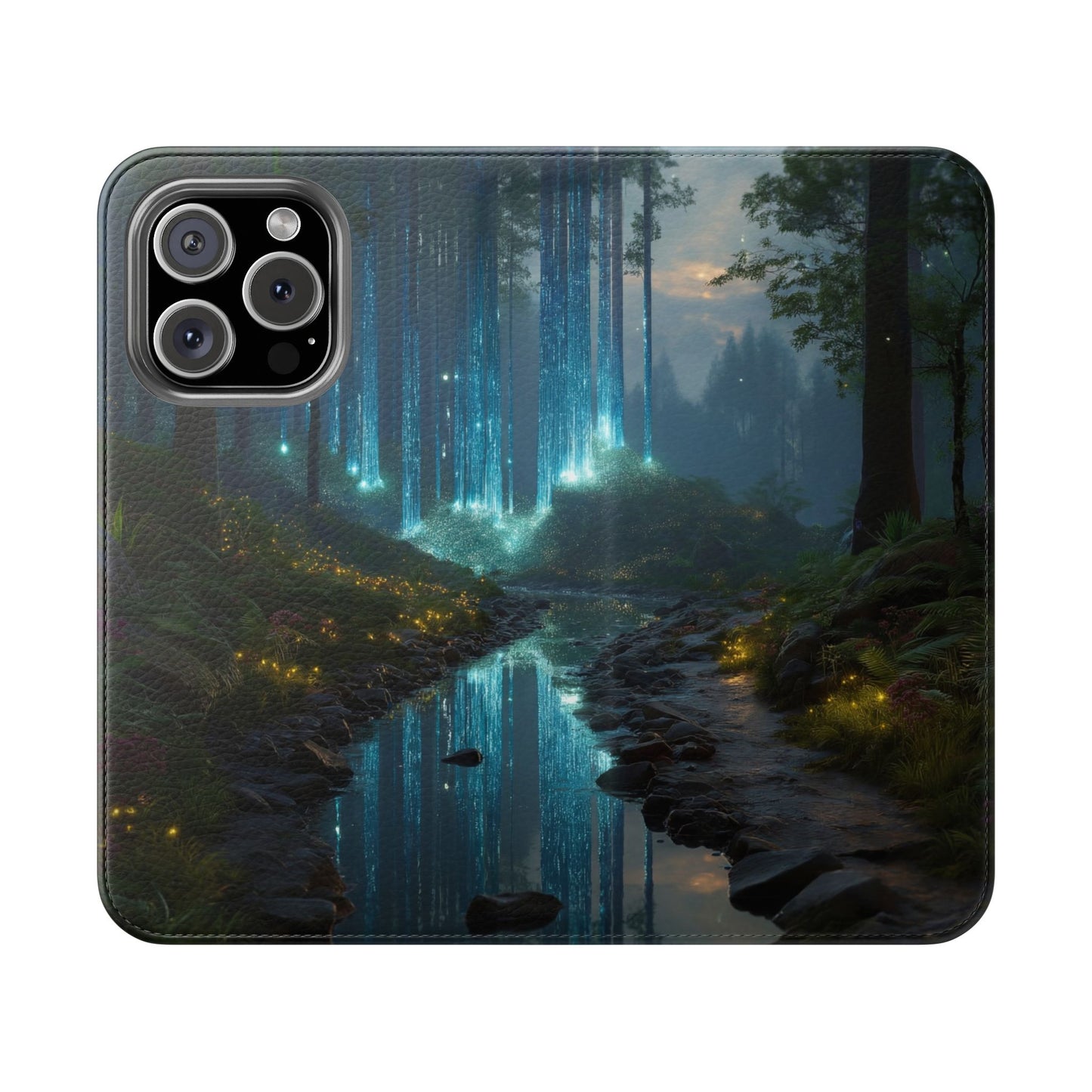Bioluminescent Forest Flip Cases – Cyan Lightfall Stream Cover