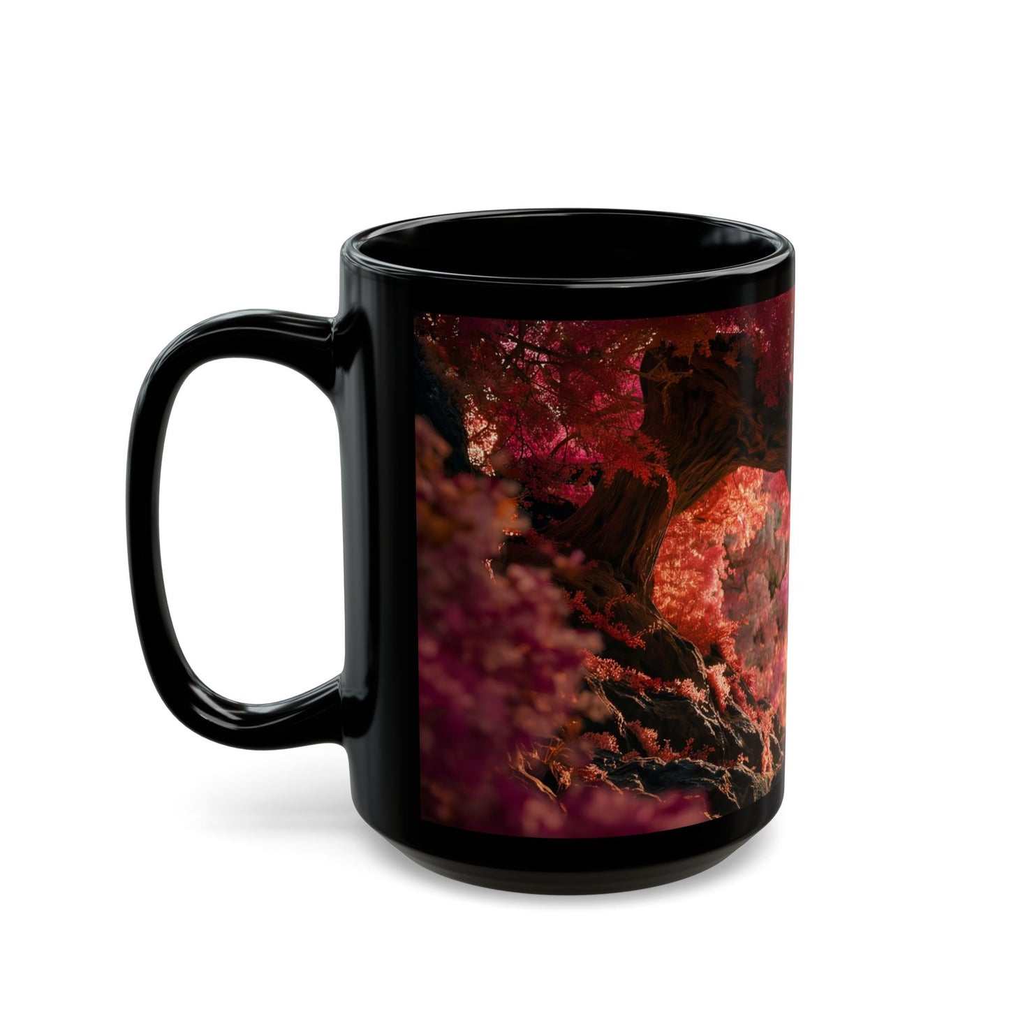 Crimson Canopy Couple Mug – Sunset Embrace in Fantasy Forest