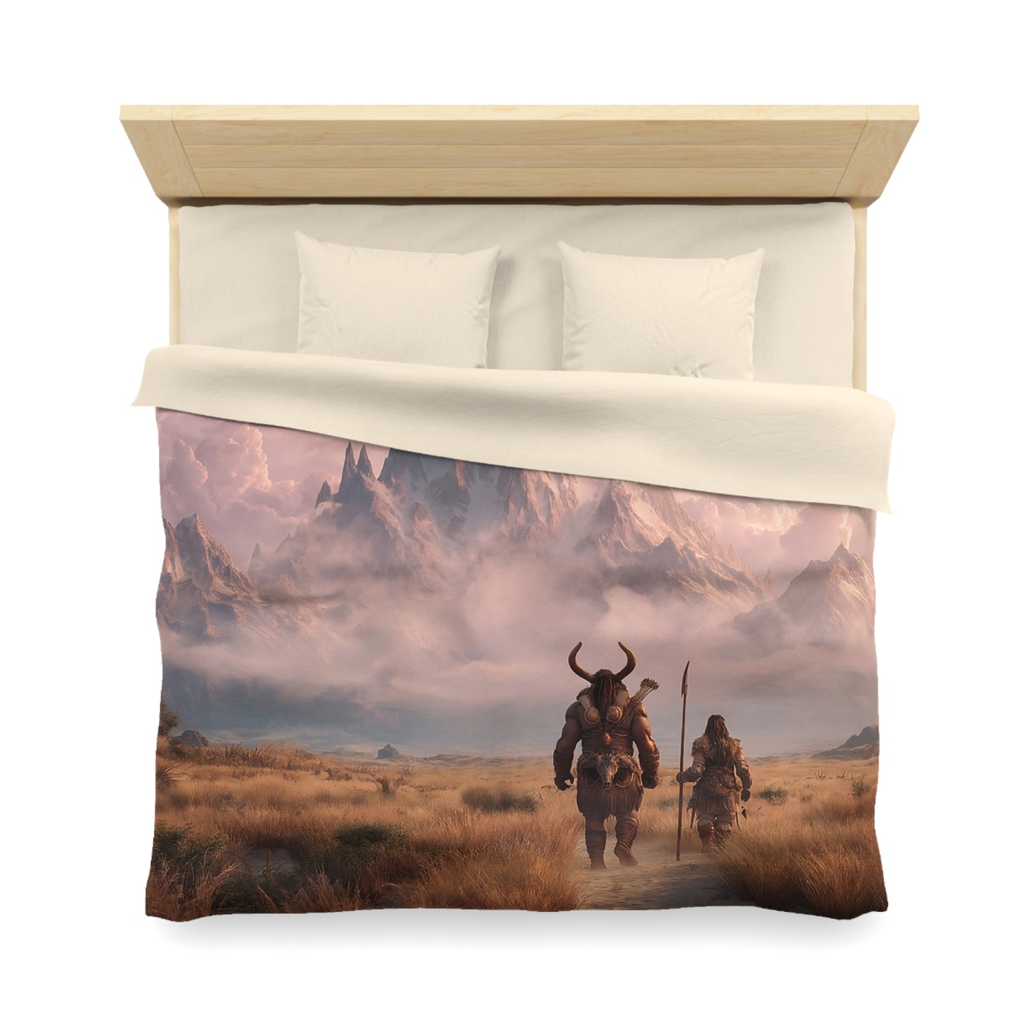 Two Travelers Before the Snowpeak Duvet Cover – Dawn’s Whisper on the Mountain Pass