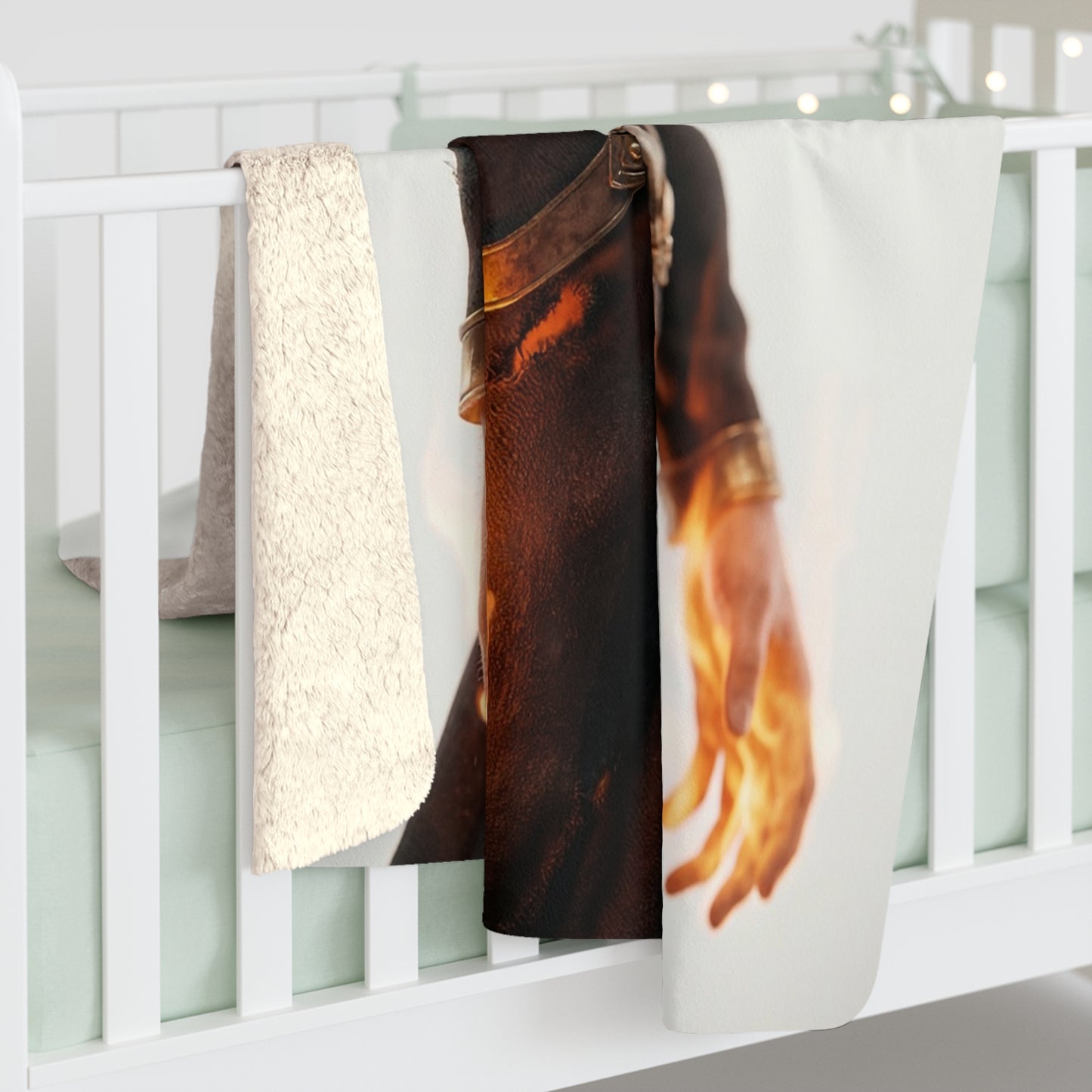 Fiery Sentinel Sherpa Fleece Blanket – Ember-Clad Guardian Portrait