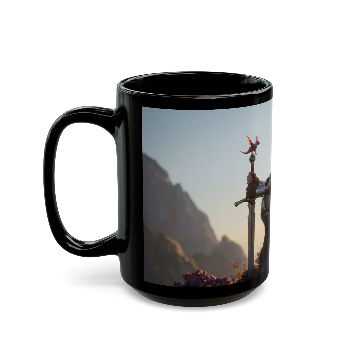Dragon Knight and Tiny Dragon Black Mug – Sunset Sentinel Dreamscape