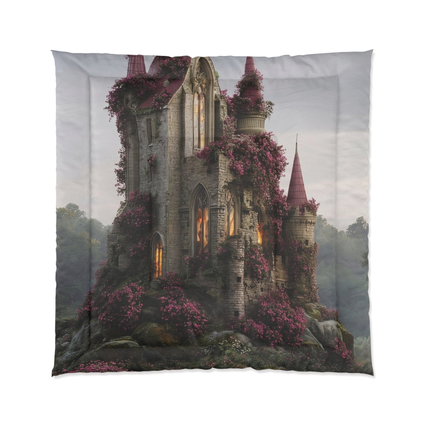 Rose-Spangled Castle Comforter – Whispering Dawn in the Wildwood