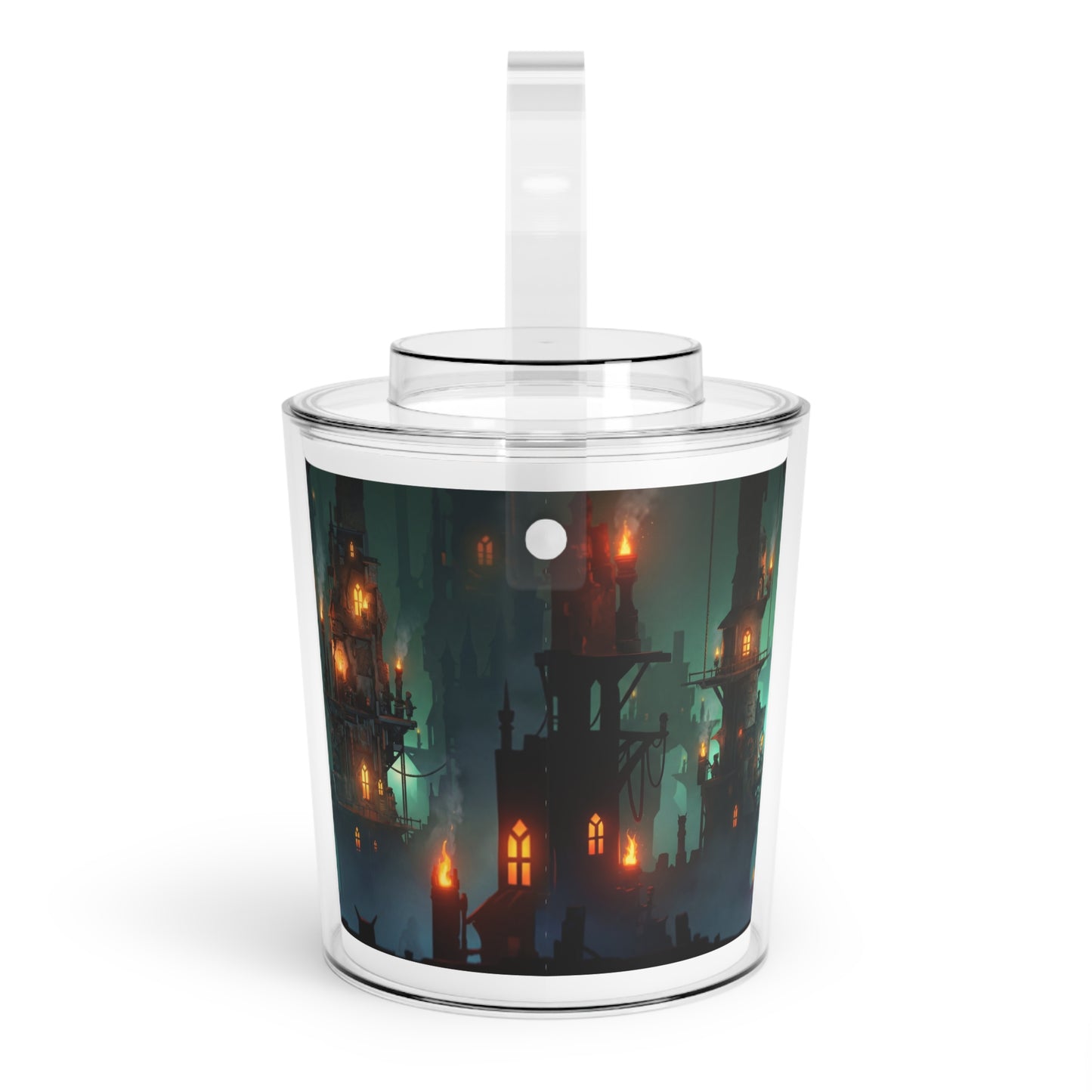 Floating City of Ember Ice Bucket with Tongs – Warm Lights in Misty Twilight