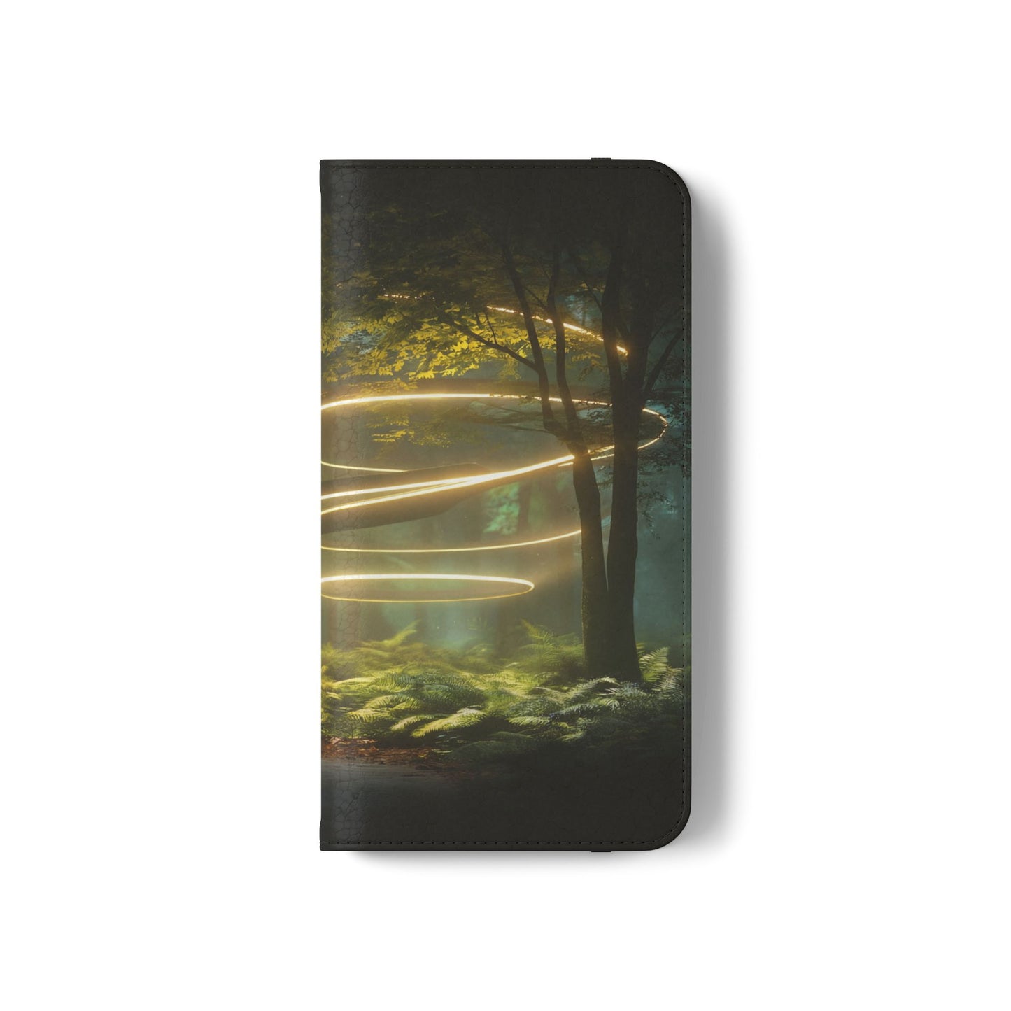 Luminous Spiral Forest Flip Cases – Golden Light Rings Mystery Scene