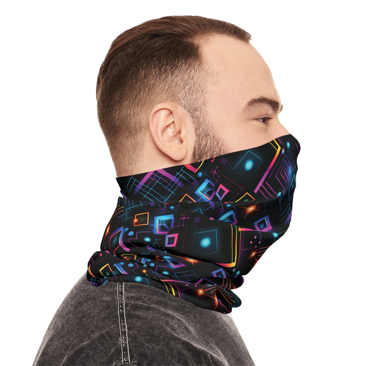 "A tiling pattern of abstract geometric shapes in neon colors with laser beam accents on a black background" - Lightweight Neck Gaiter