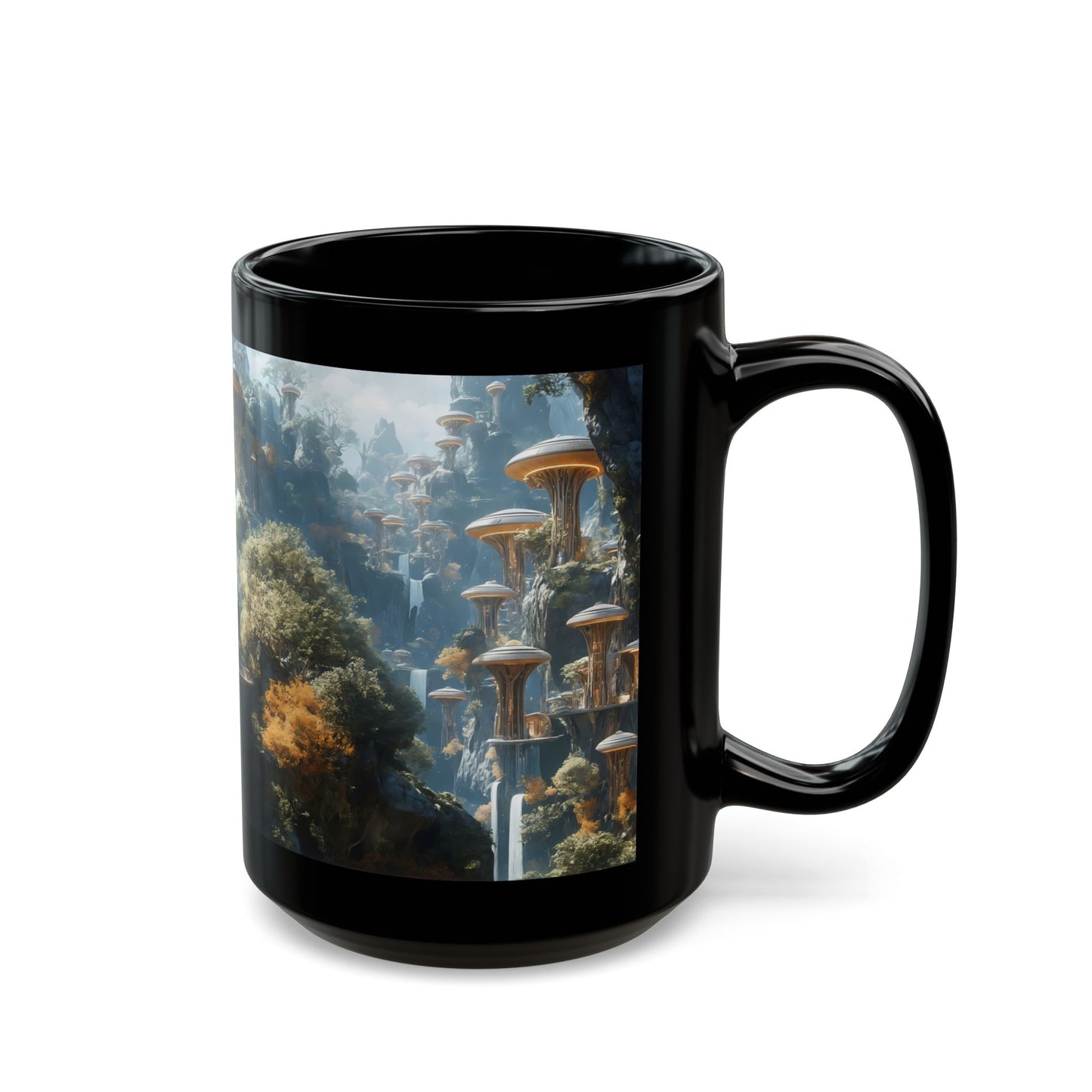 Floating Dome Village Black Mug – Sunlit Sky-Cliff Haven