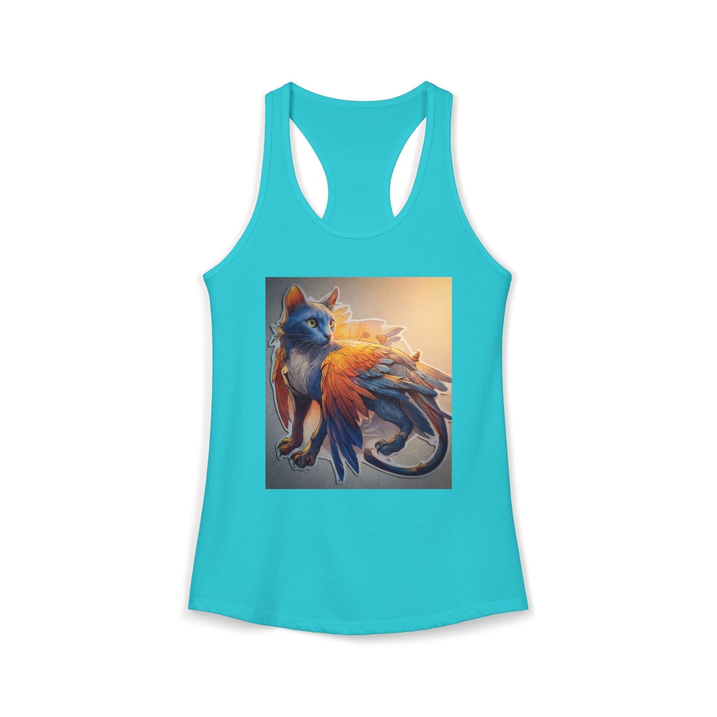 Winged Cat Guardian Tank – Azure Feline with Sunlit Feathers