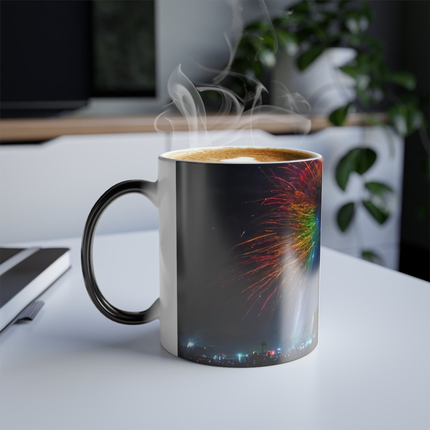 giant rainbow fireworks exploding in the sky, black rock city in the background, lasers and lights illuminating dust, last star in an early morning sky, crowds of people dancing below, award-winning photo, photographic realism - Color Morphing Mug, 11oz