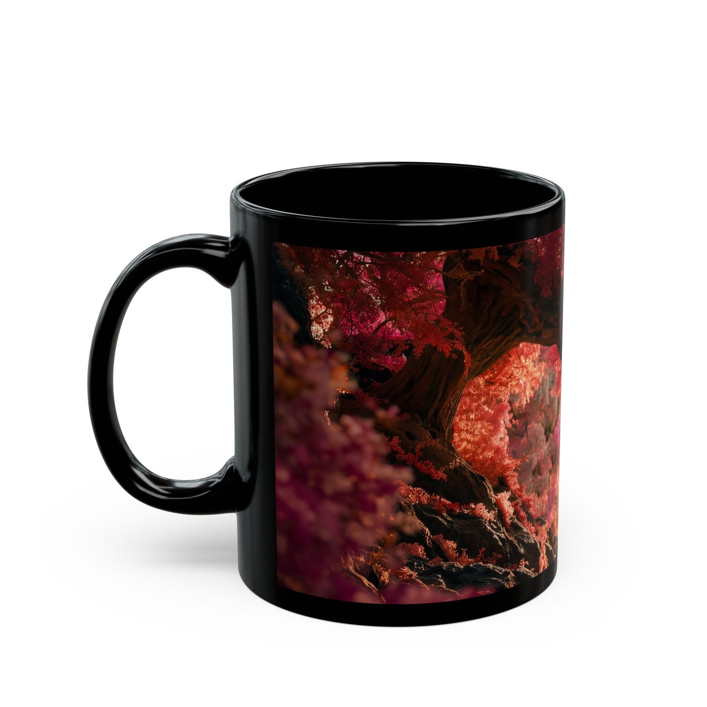 Crimson Canopy Couple Mug – Sunset Embrace in Fantasy Forest