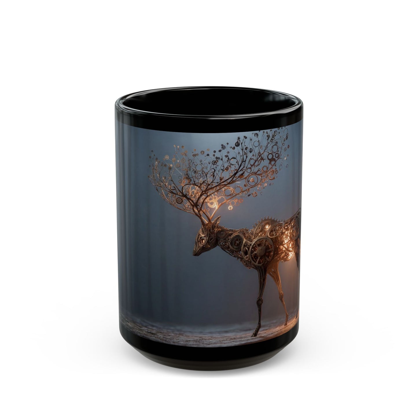 Clockwork Stag Black Mug – Luminescent Forest Mechanism