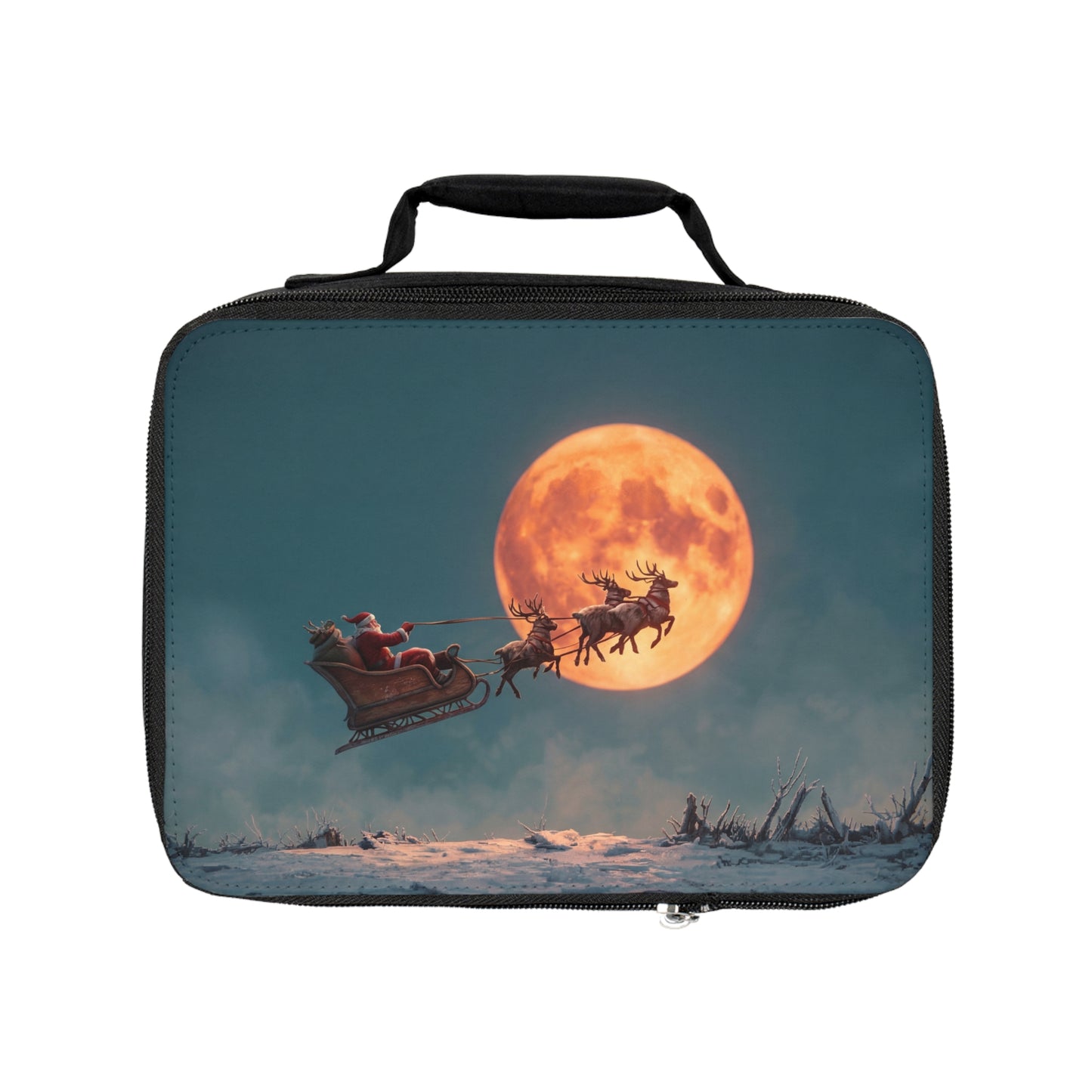 Santa’s Moonlit Sleigh Ride Lunch Bag – Crimson Reindeer Against Amber Sky