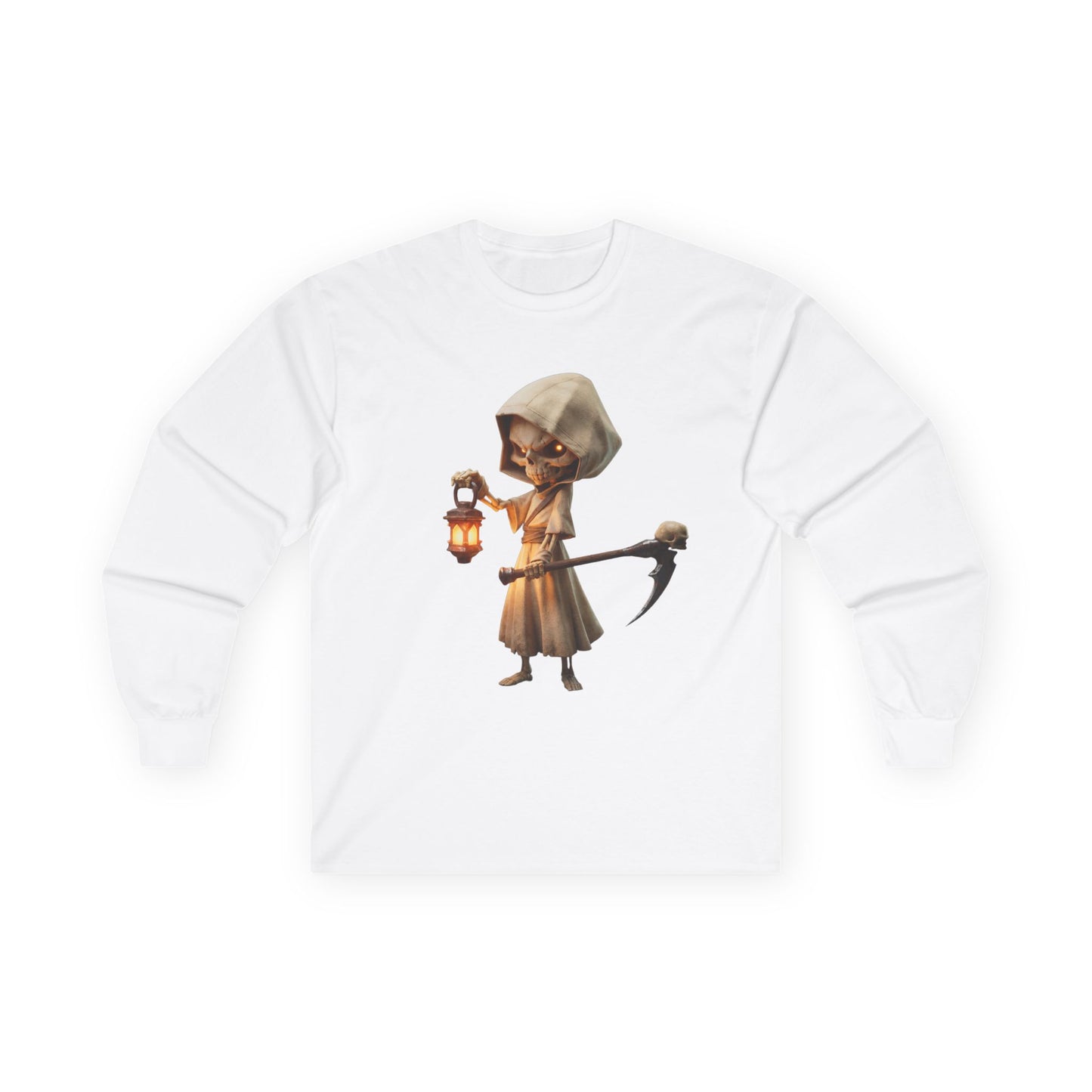 Lantern-Bearing Grim Reaper Tee – Hooded Skeleton Guardian Print