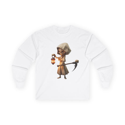 Lantern-Bearing Grim Reaper Tee – Hooded Skeleton Guardian Print