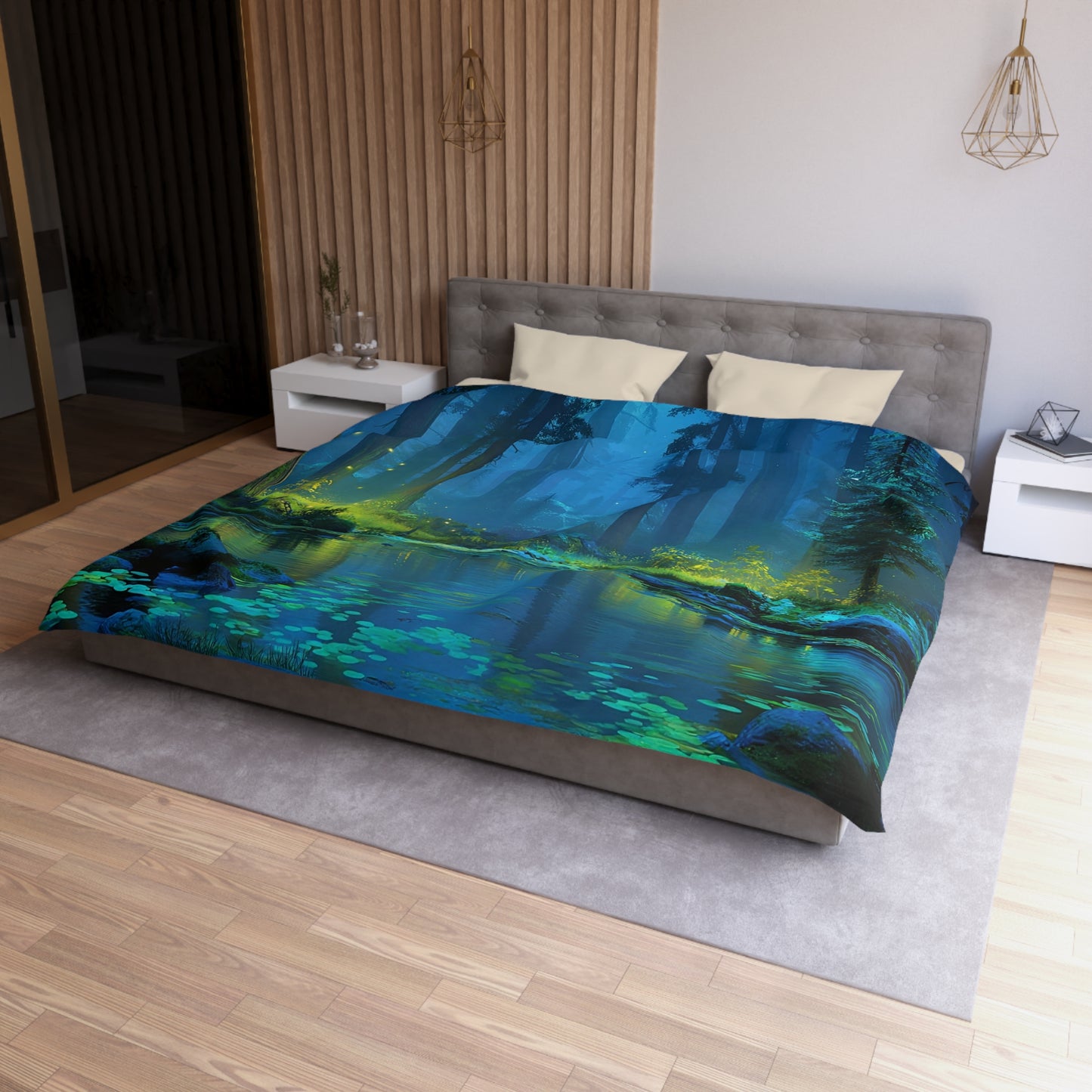 Bioluminescent Forest Duvet Cover – Whispering Waterscape at Dusk