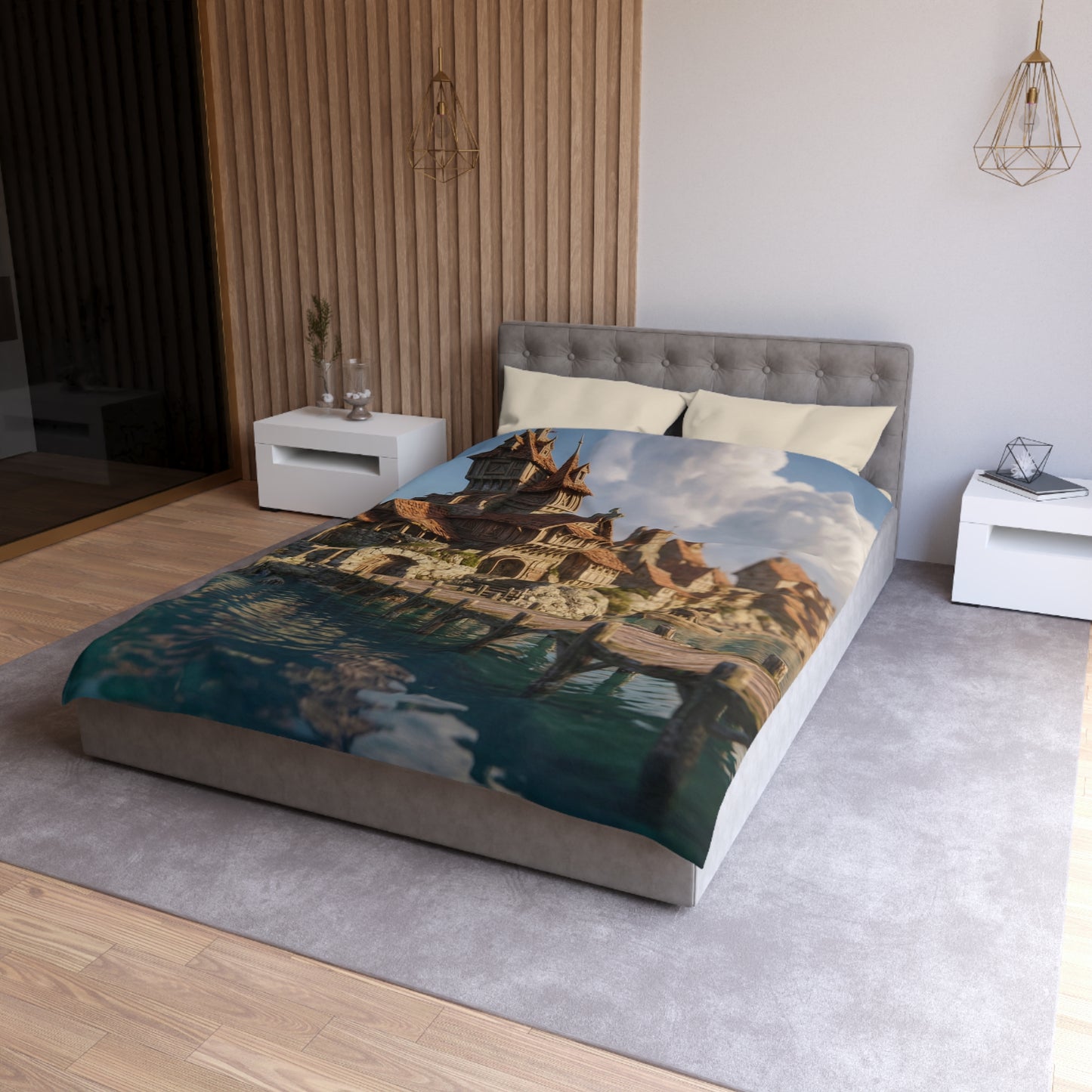 Seafarer’s Haven Microfiber Duvet Cover – Sunlit Harbor Dreamscape
