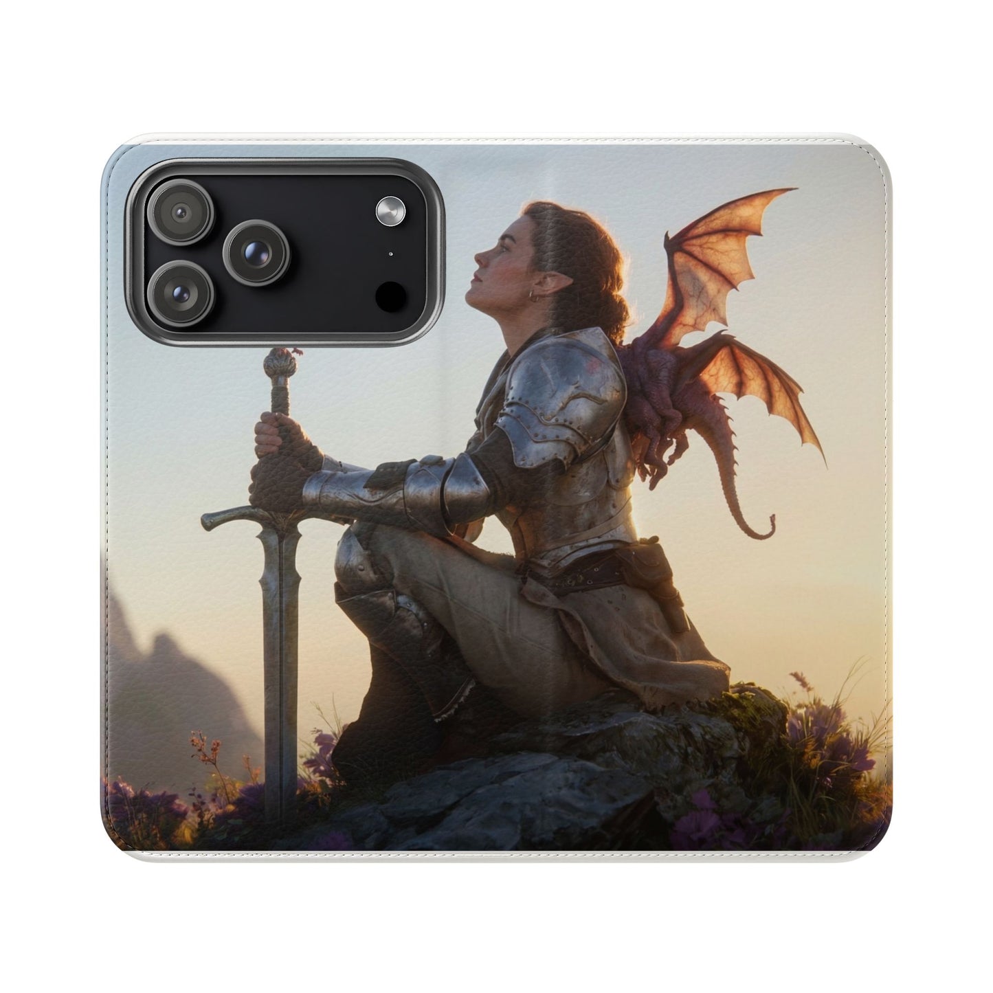 Dragon Knight Flip Cases – Sunlit Sentinel with Mini Drake and Sword