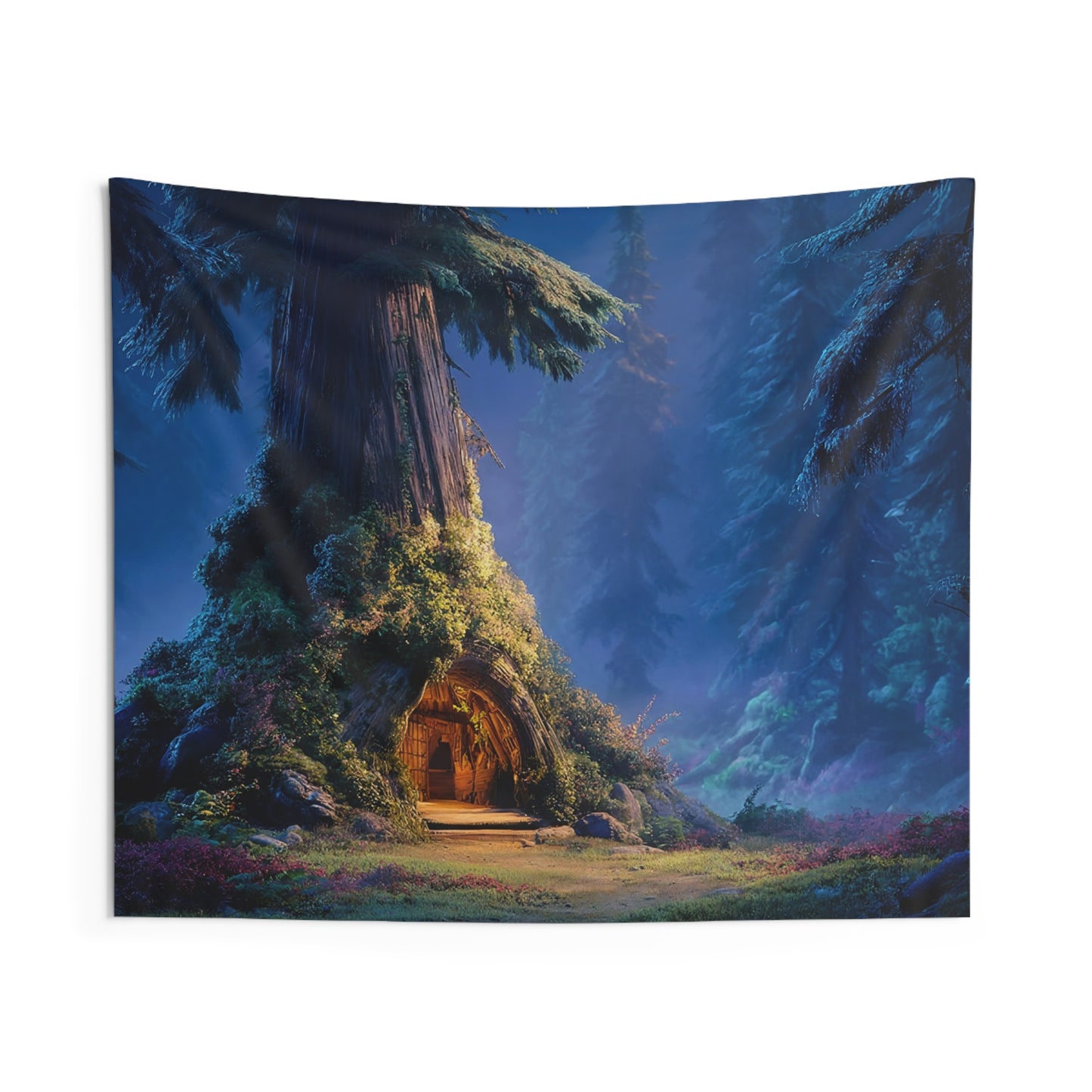 Whispering Grove Treehouse Tapestry – Moonlit Haven in the Ancient Forest