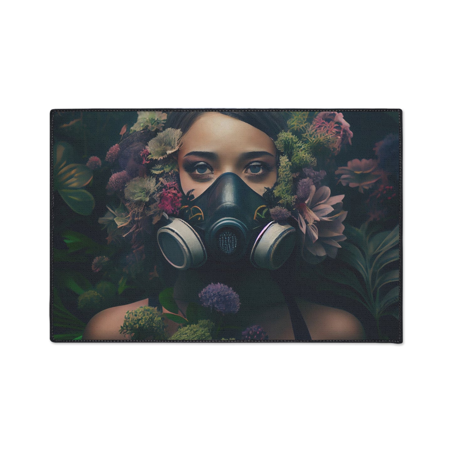 a beautiful woman wearing a gas mask filled with plants and flowers and moss - Heavy Duty Floor Mat