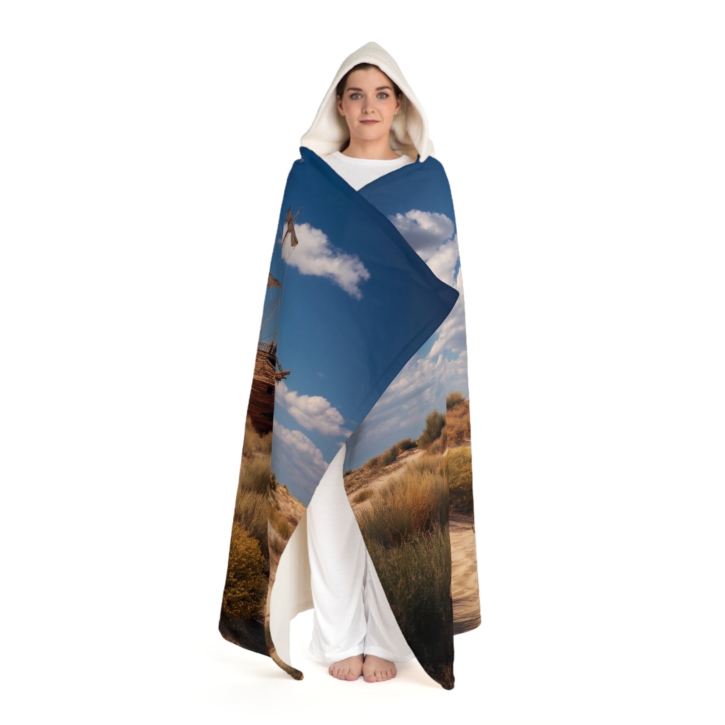 Desert Shipwreck Hooded Sherpa Fleece Blanket – Sun-Scorched Navigator Dreamscape