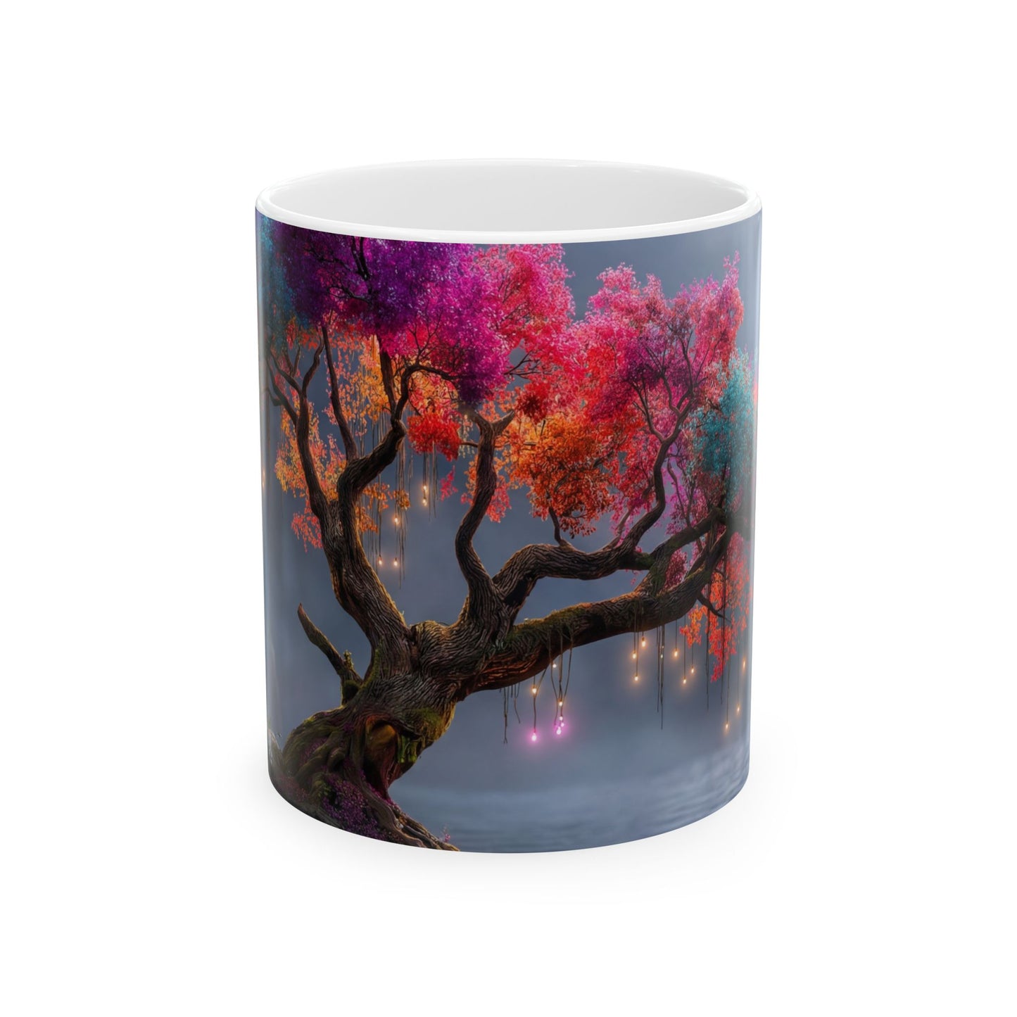 Chromatic Dream Tree Ceramic Mug – Moonlit Rainbow Canopy