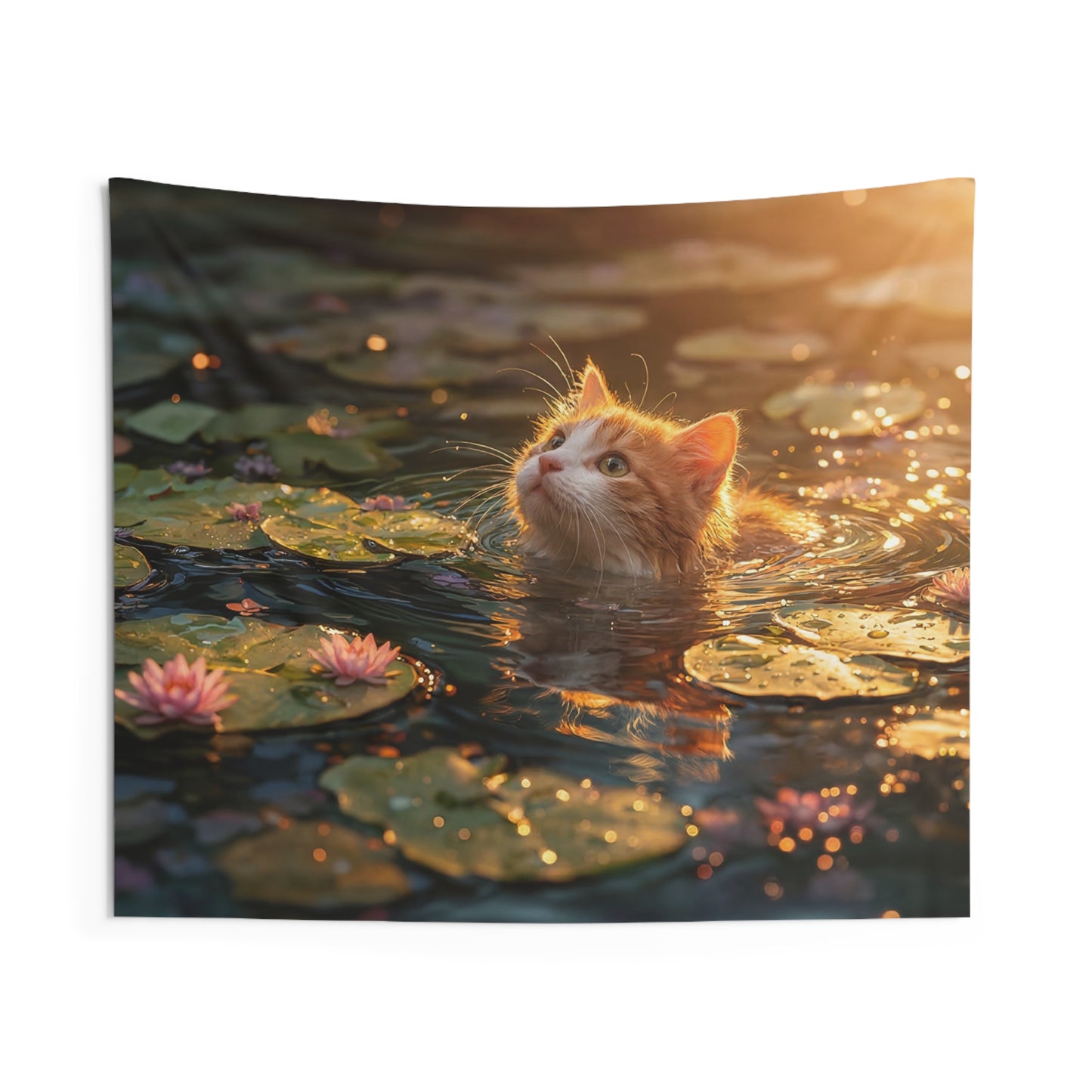 Sunlit Cat in Lotus Pond Indoor Wall Tapestries – Golden Hour Serenity