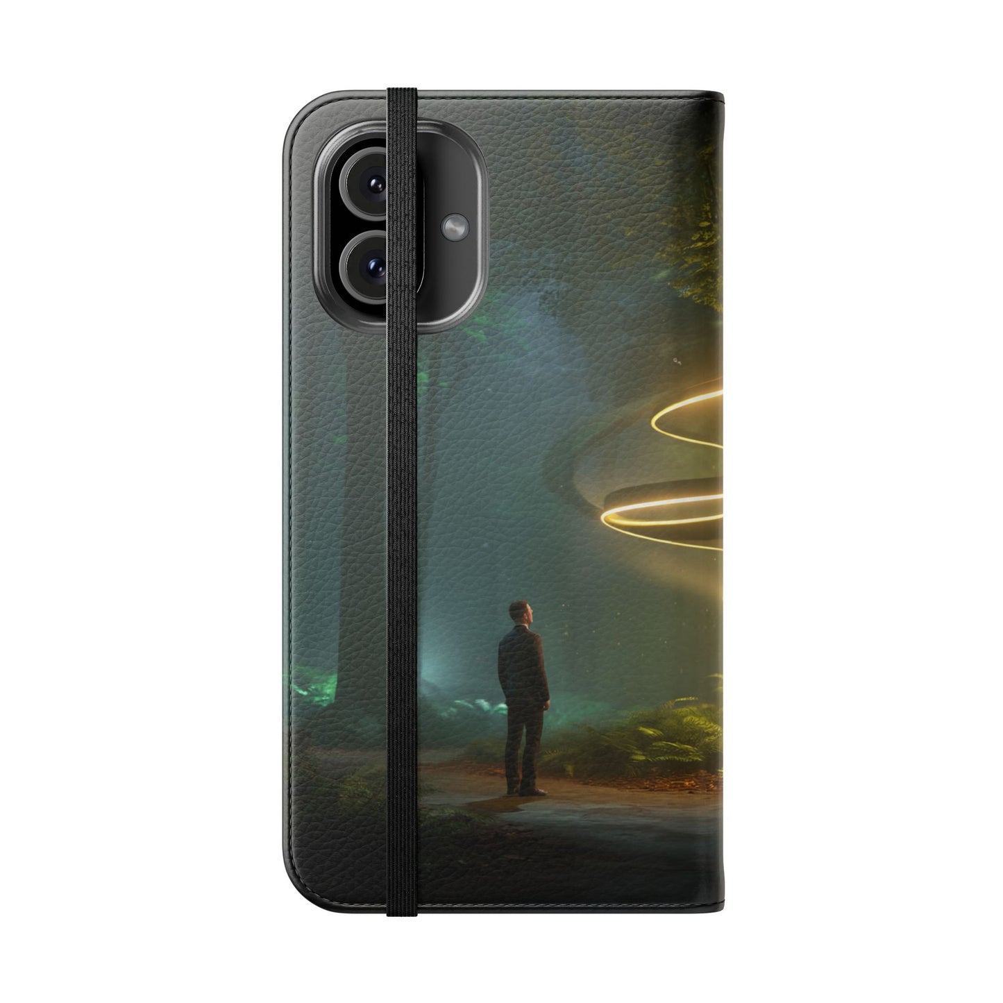 Luminous Spiral Forest Flip Cases – Golden Light Rings Mystery Scene