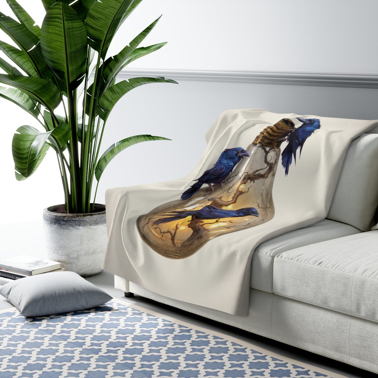 Electric Grove Sherpa Fleece Blanket – Iridescent Ravens & Glowing Bulb