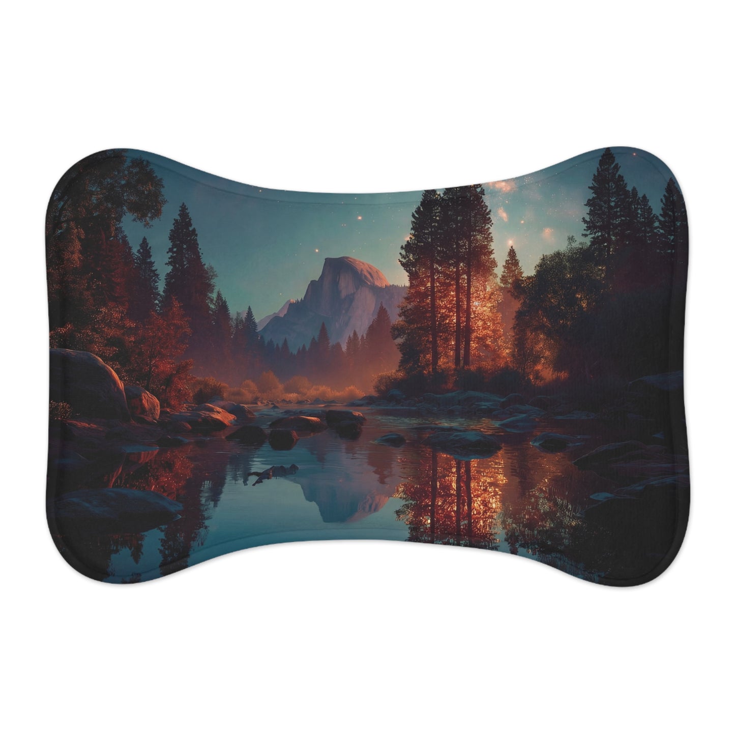 Starlit Yosemite River Mat – Crimson Twilight Reflections