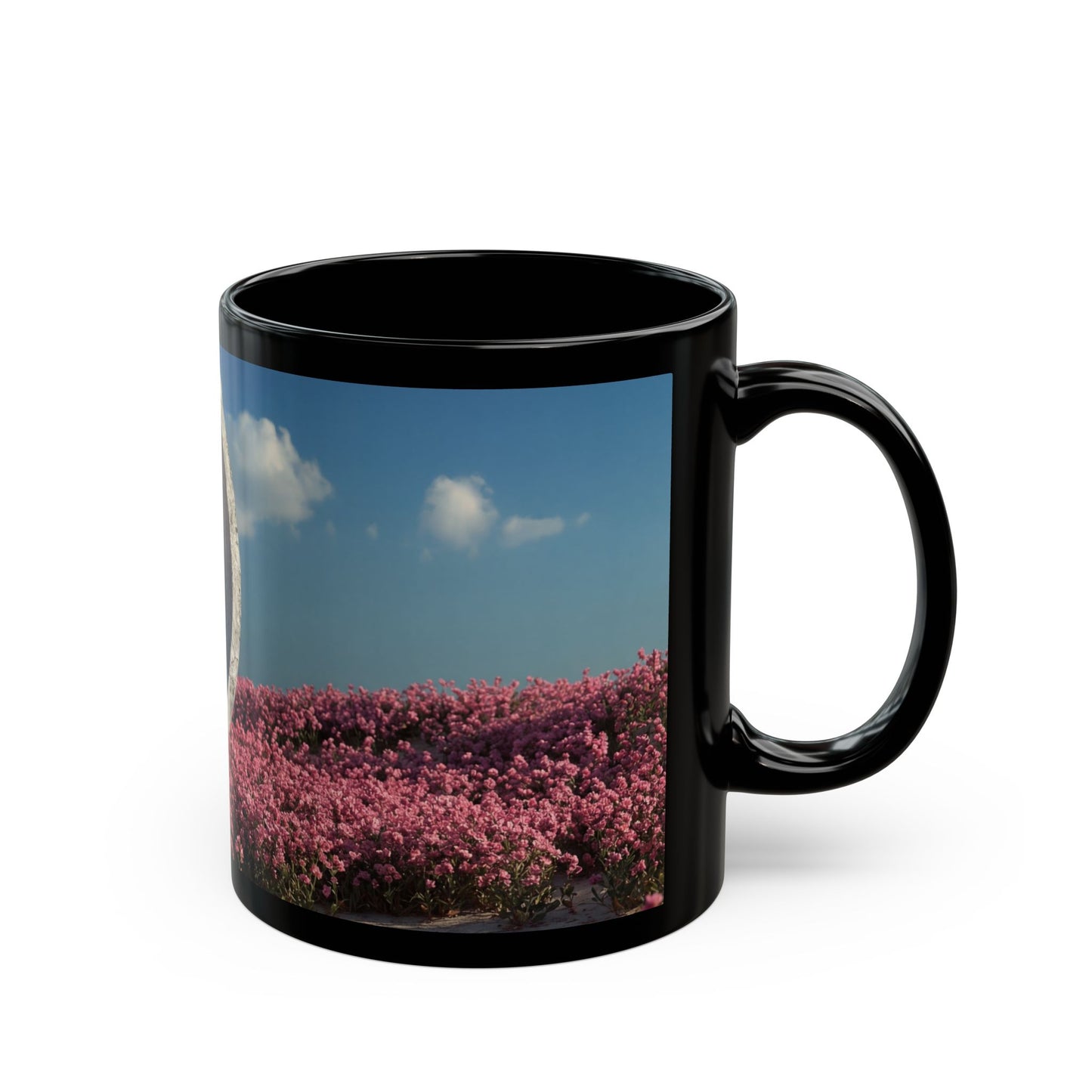Stone Portal in Pink Bloom Field Mug – Serene Gateway to Dreamscapes