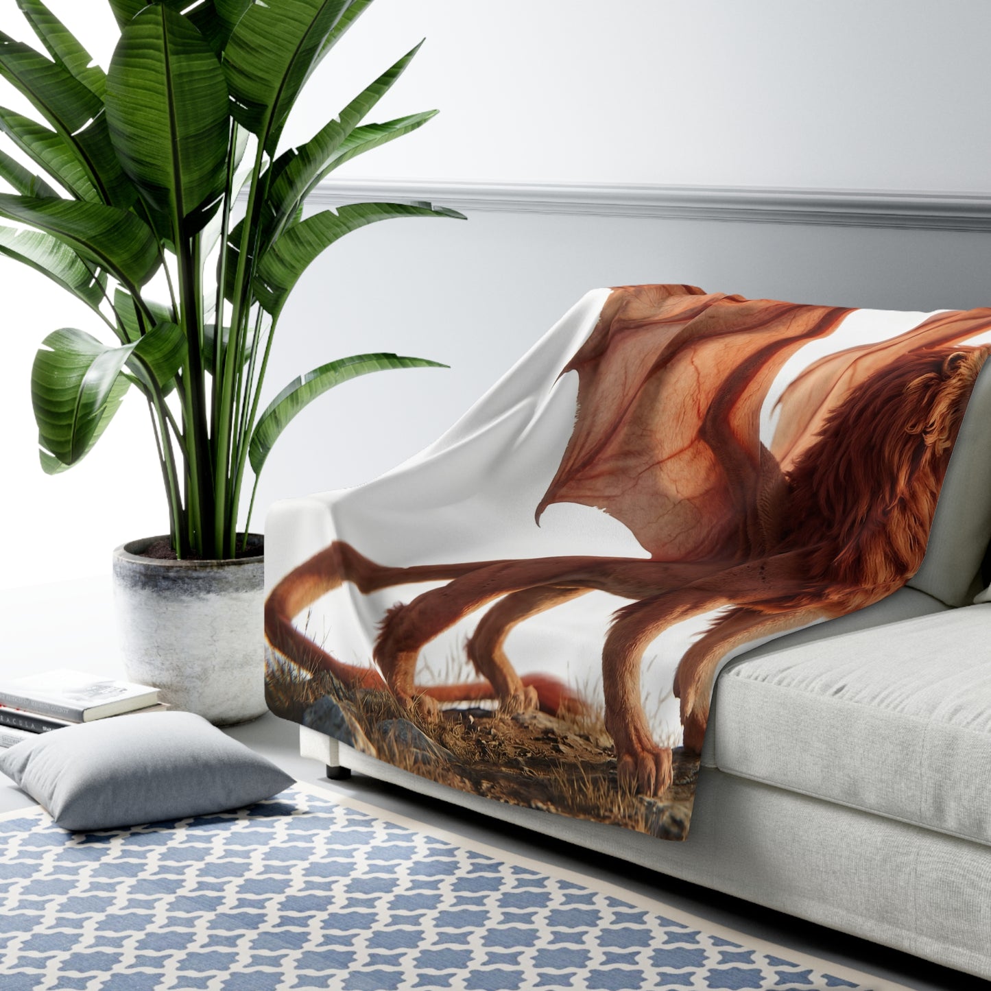 Winged Lion Sentinel Sherpa Fleece Blanket – Sunset Guardian on the Ridge