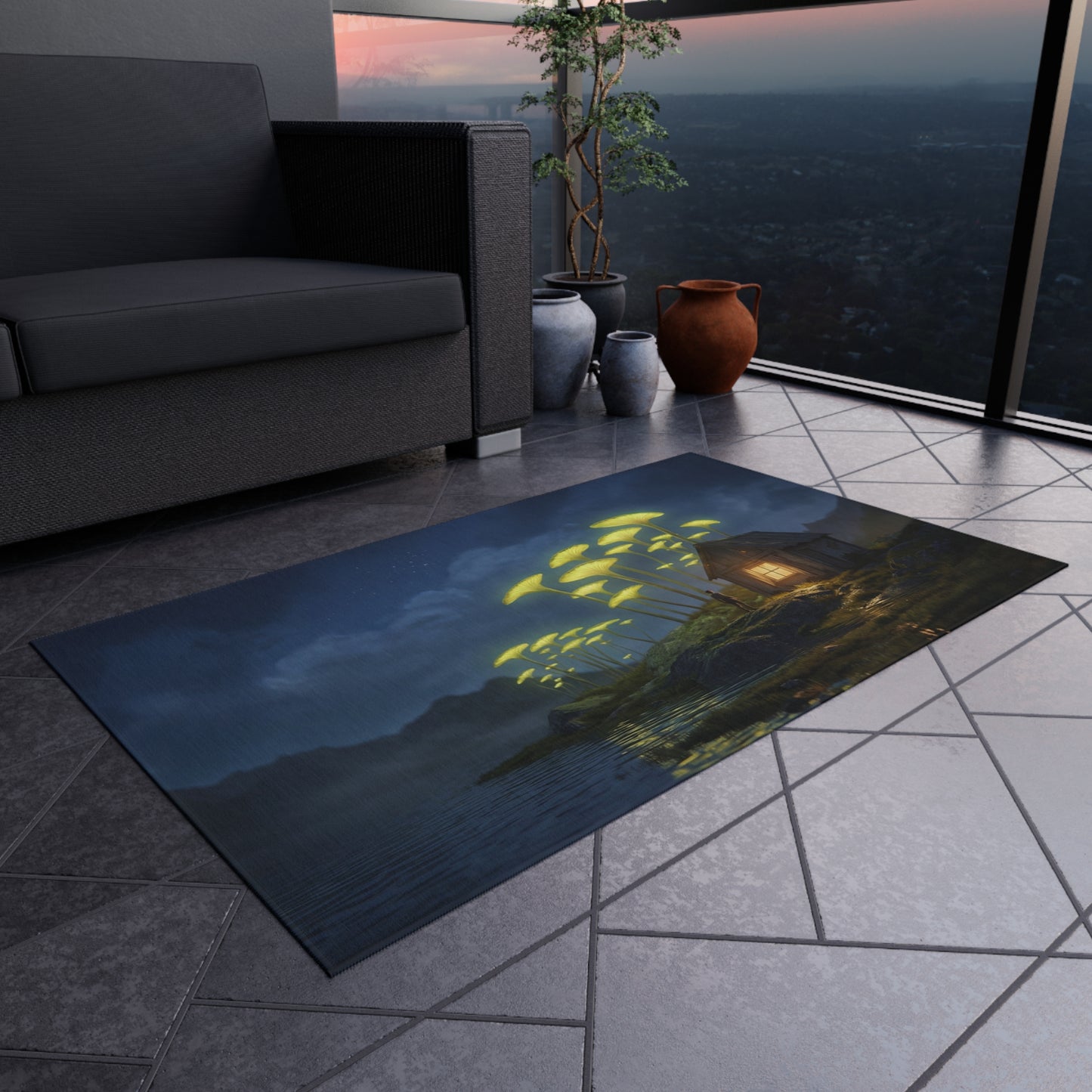 Giant Mushroom Cottage Rug – Bioluminescent Forest Escape