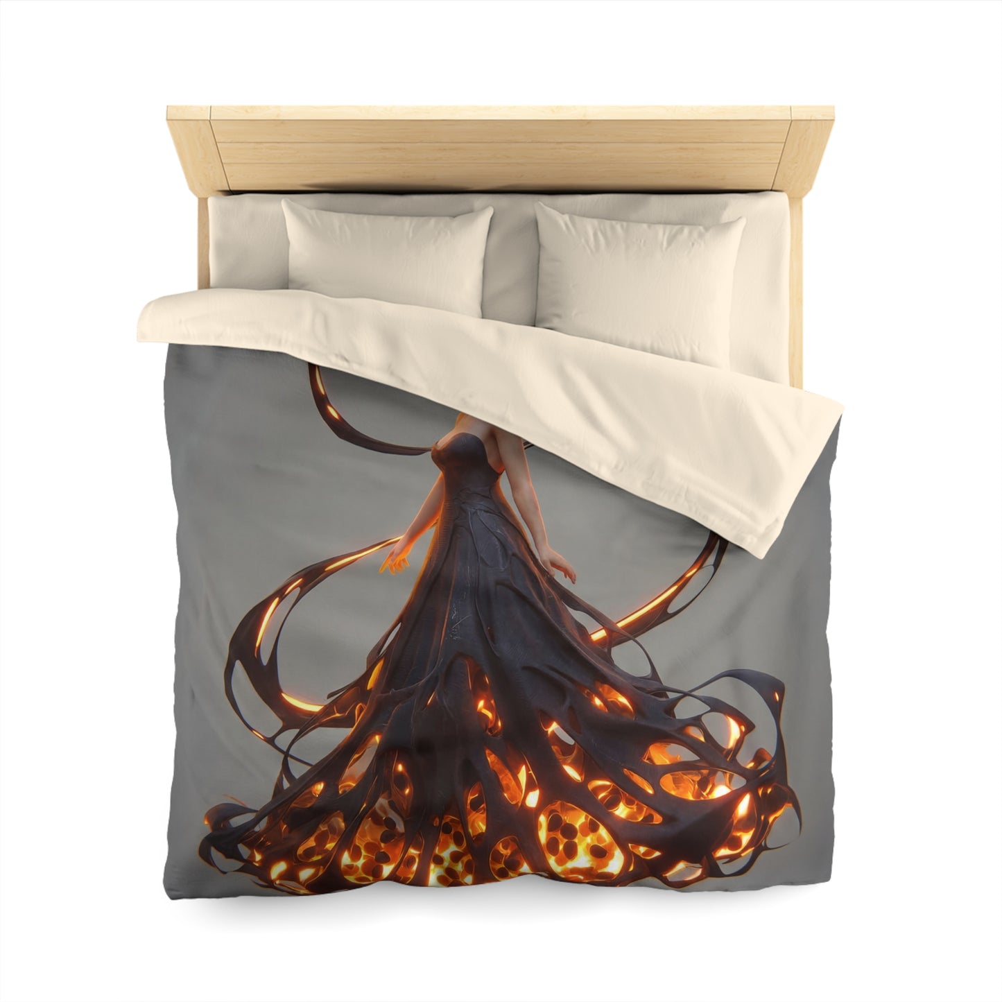 Luminescent Veil Duvet Cover – Floating Goddess in Amber Glow