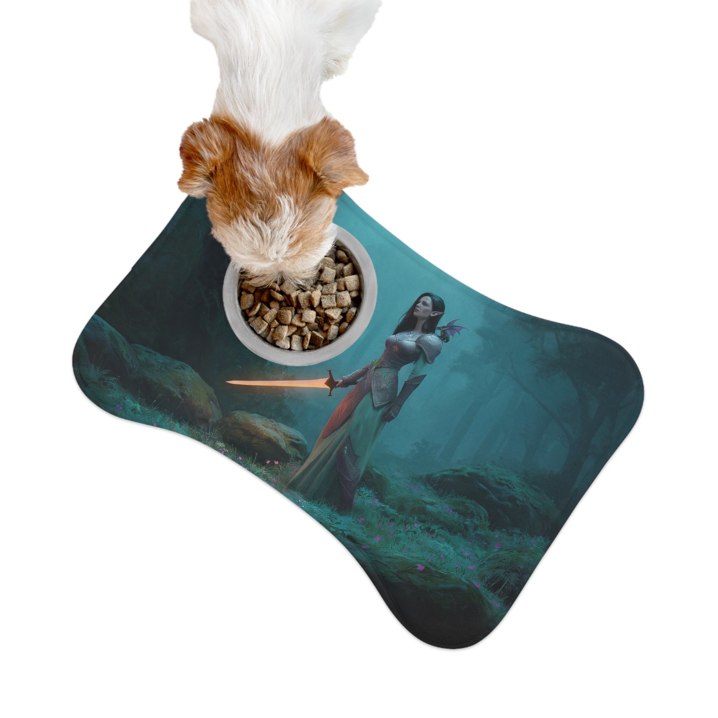 Guardian Elf Pet Feeding Mats – Mossy Forest Sentinel with Glowing Blade