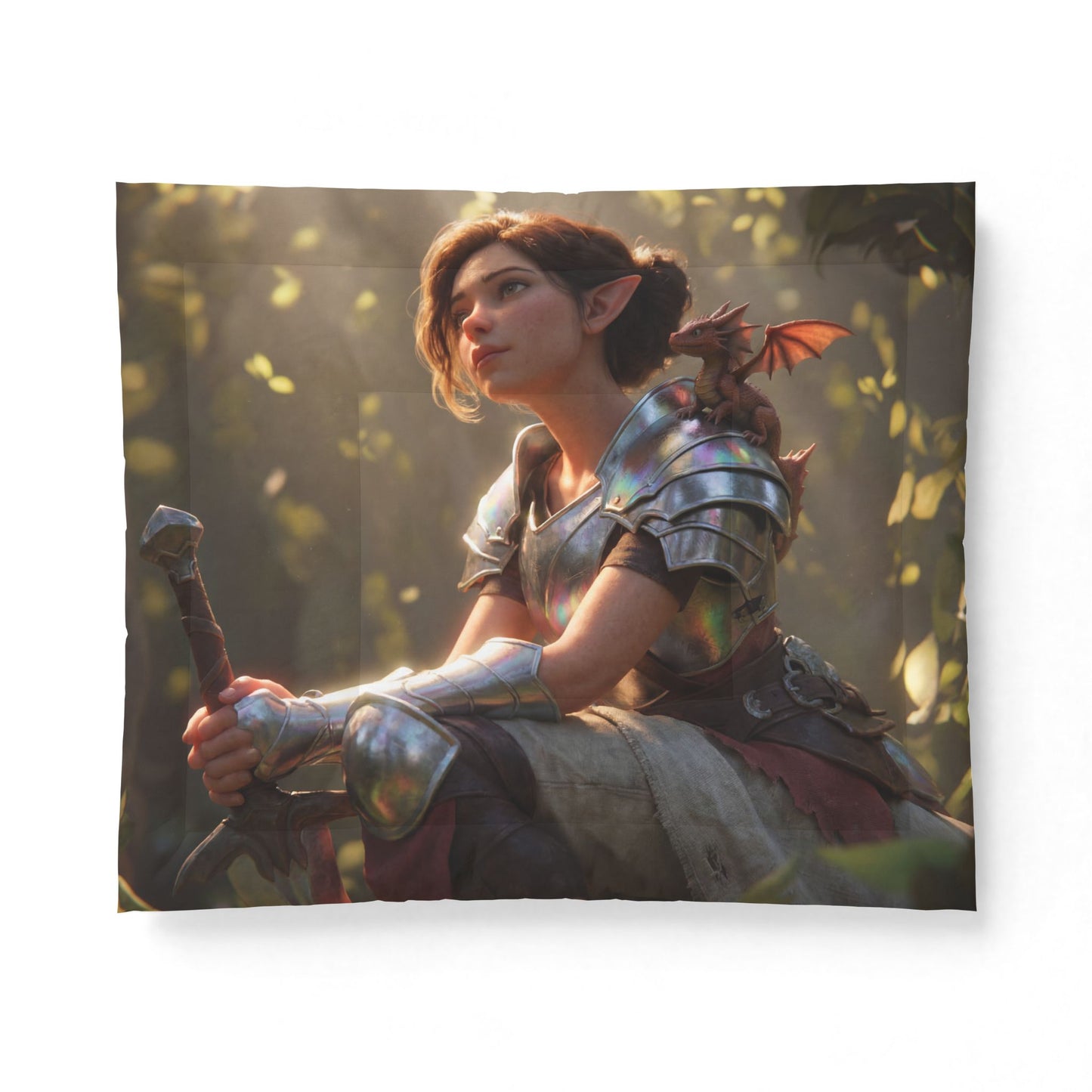 Elven Guardian with Mini Dragon Comforter – Holographic Armor & Sunlit Forest Scene