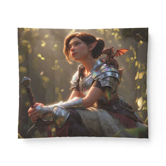 Elven Guardian with Mini Dragon Comforter – Holographic Armor & Sunlit Forest Scene
