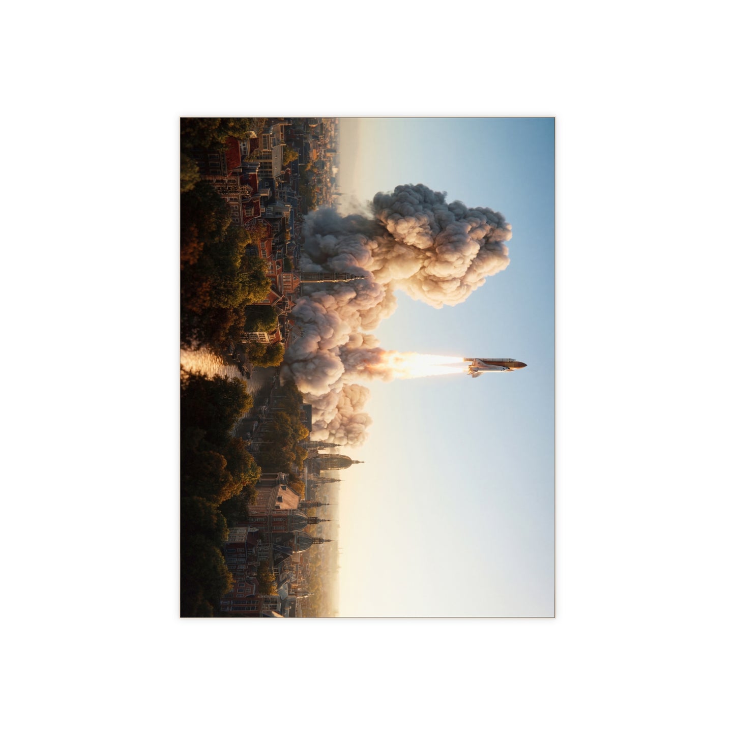 Rocket Launch Over Amsterdam Canals Ceramic Photo Tile – Dawn’s First Flight Through Brick and Water