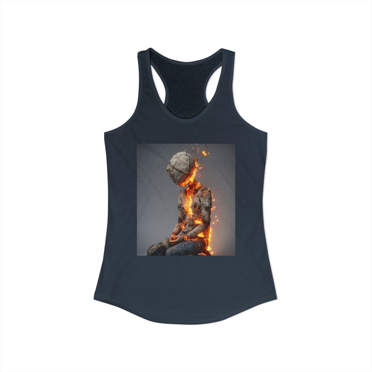 Paper Doll Burning from Within Tank – Ashen Figure with Internal Fire Graphic