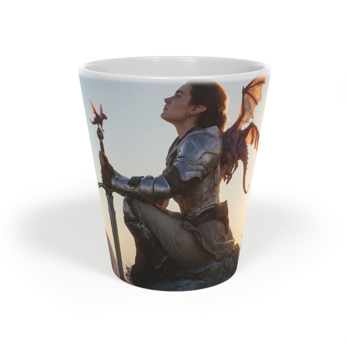 Dragon Knight Latte Mug, 12oz – Sunset Sentinel with Wings and Blade