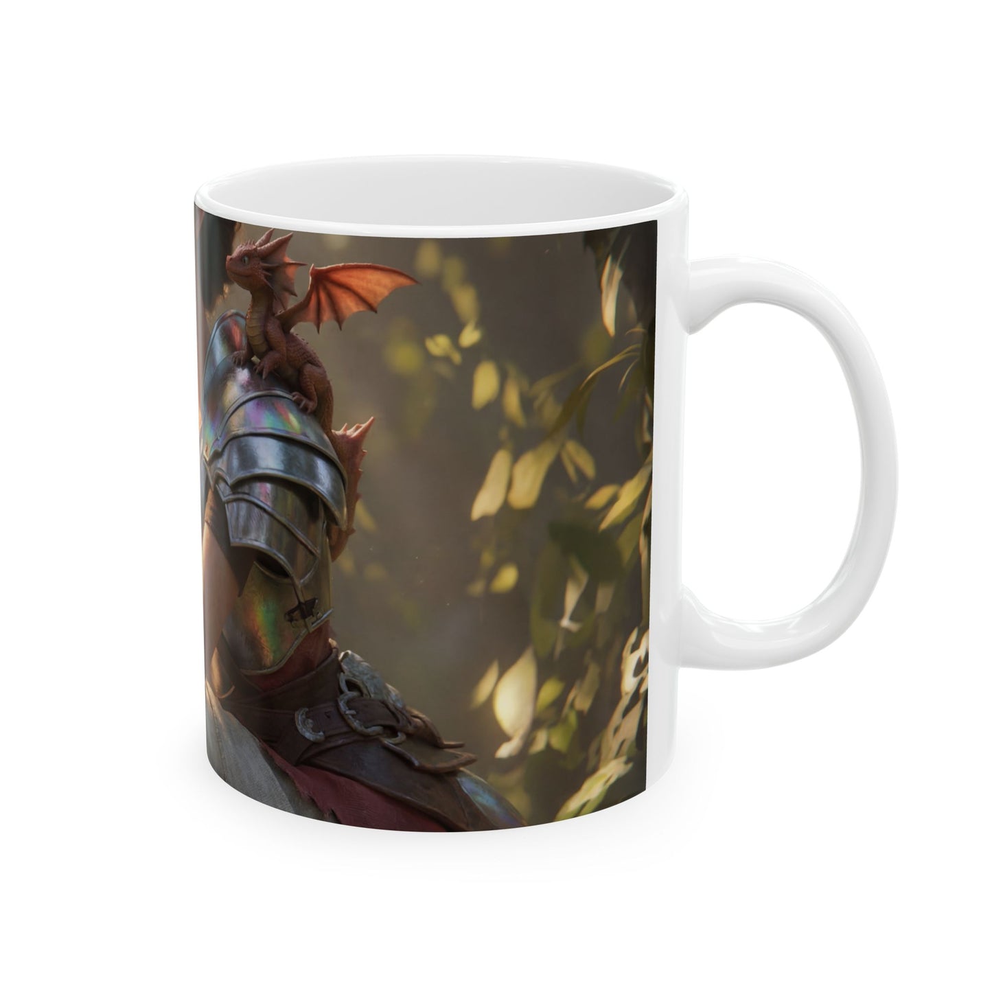 Elf Warrior with Dragon Companion Ceramic Mug – Sunlit Forest Sentinel