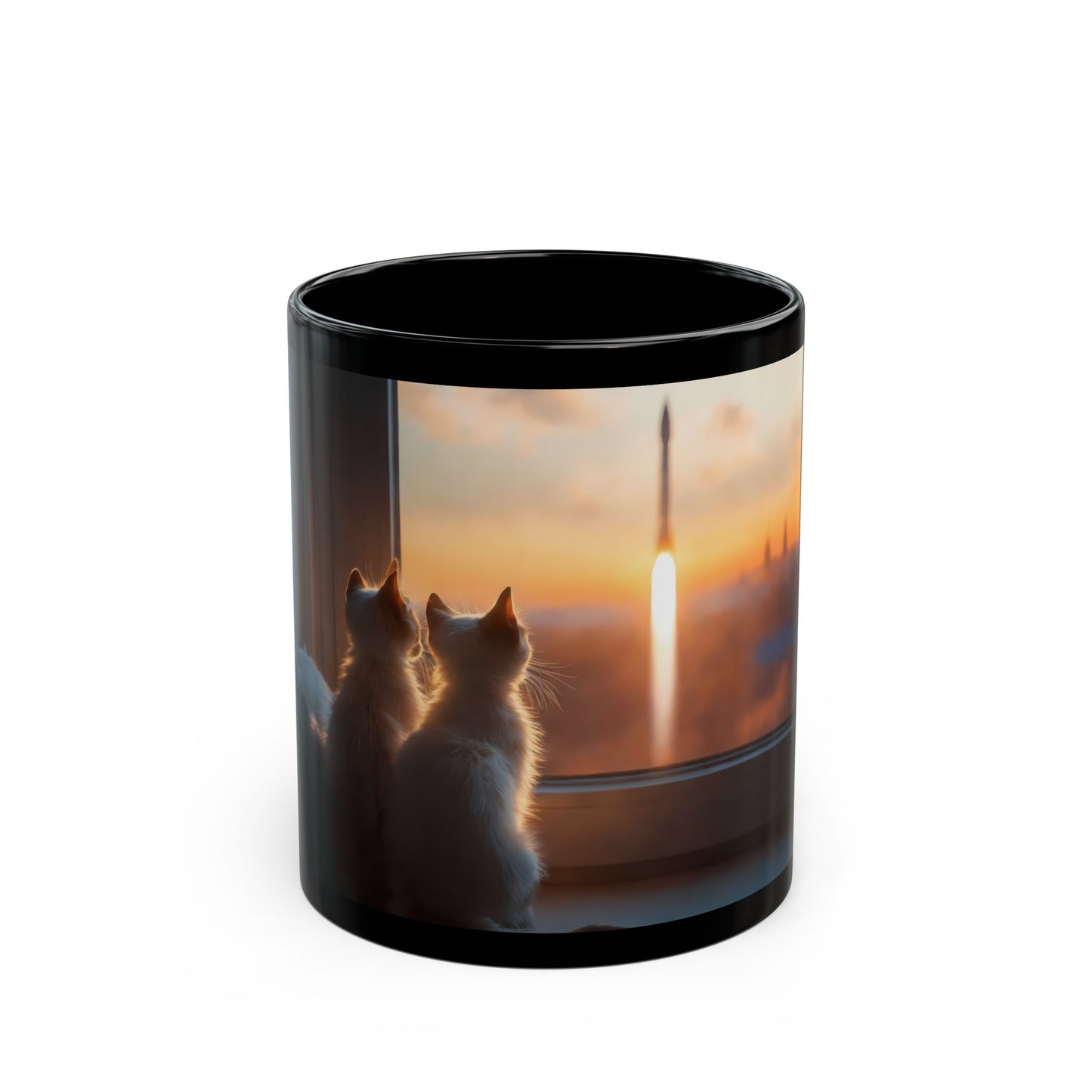 Cats Watching Rocket Launch Black Mug – Sunset Skywatchers
