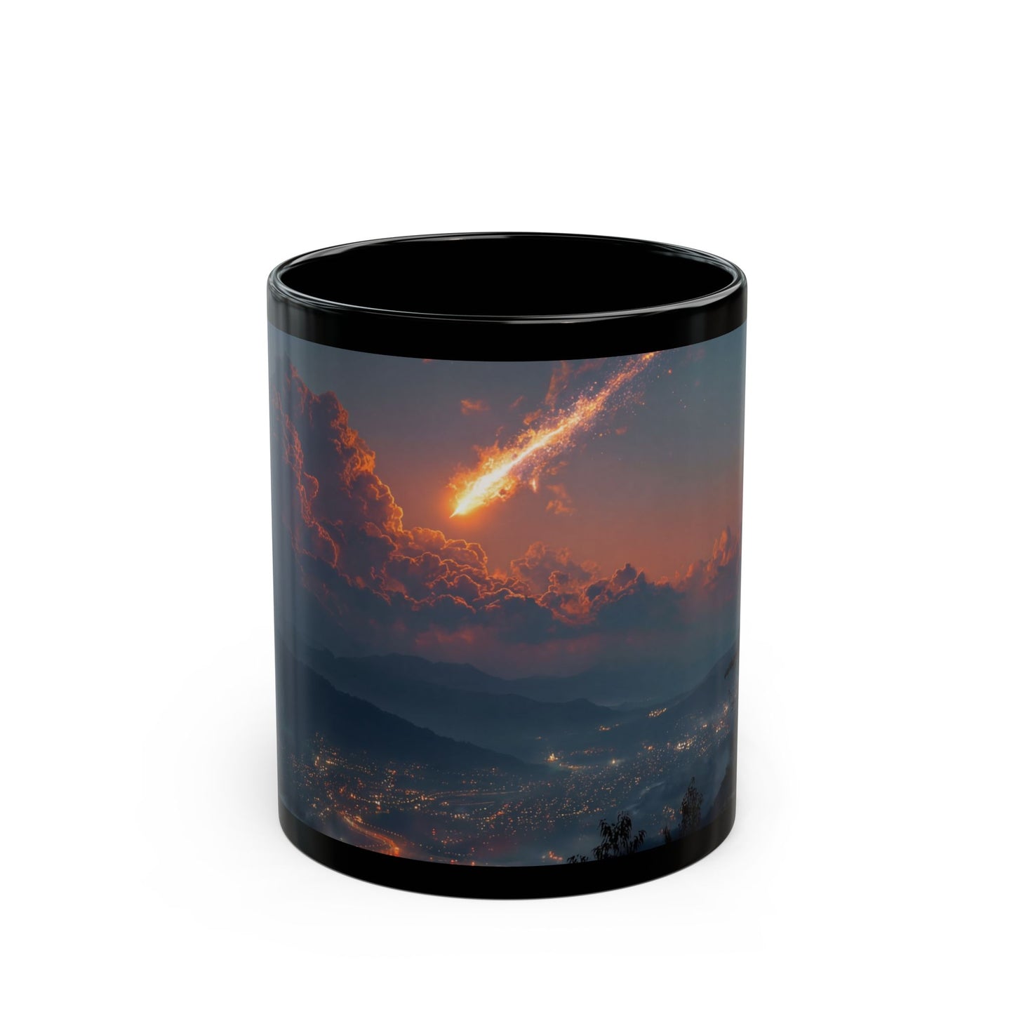 Celestial Fireball Black Mug – Twilight Skyfall Over Mountain Vale