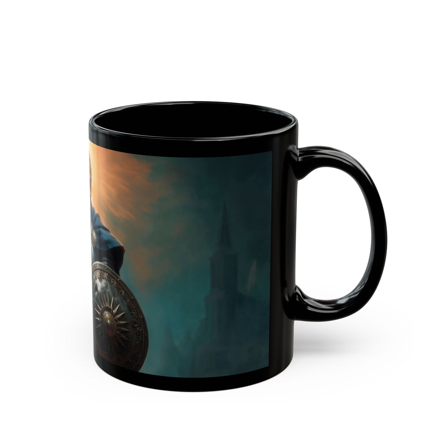 Dawn-Kissed Knight Black Mug – Armor of Resolve Coffee Cup