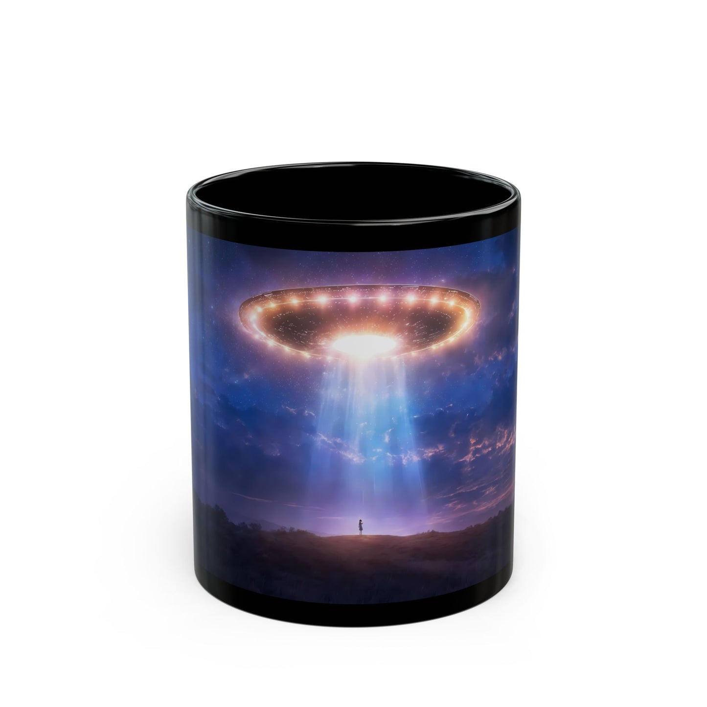 UFO Encounter Black Mug – Celestial Beam & Silhouette Nightscape