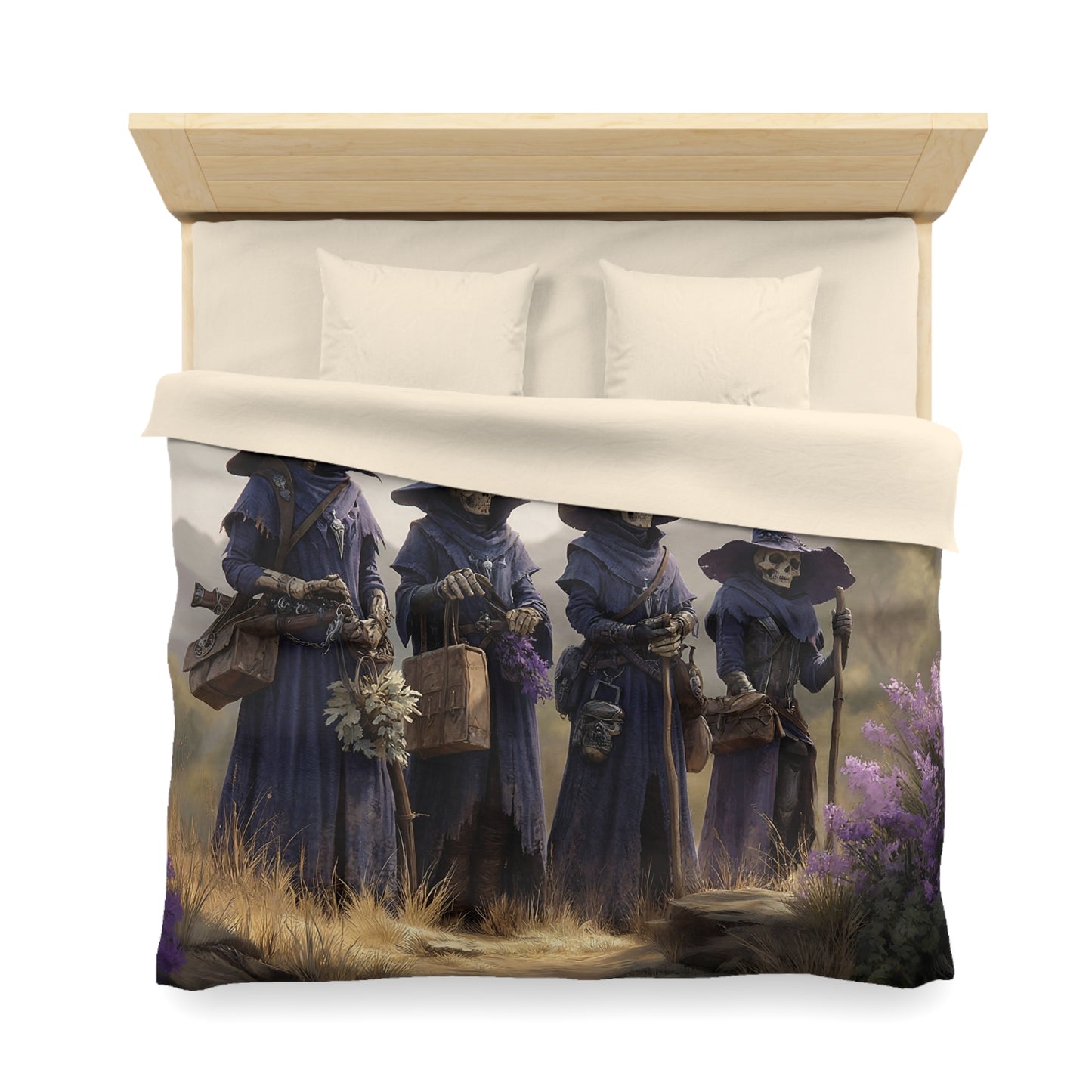 Four Wandering Skeletal Witches Microfiber Duvet Cover – Purple Hooded Guardians of the Wildflower Path
