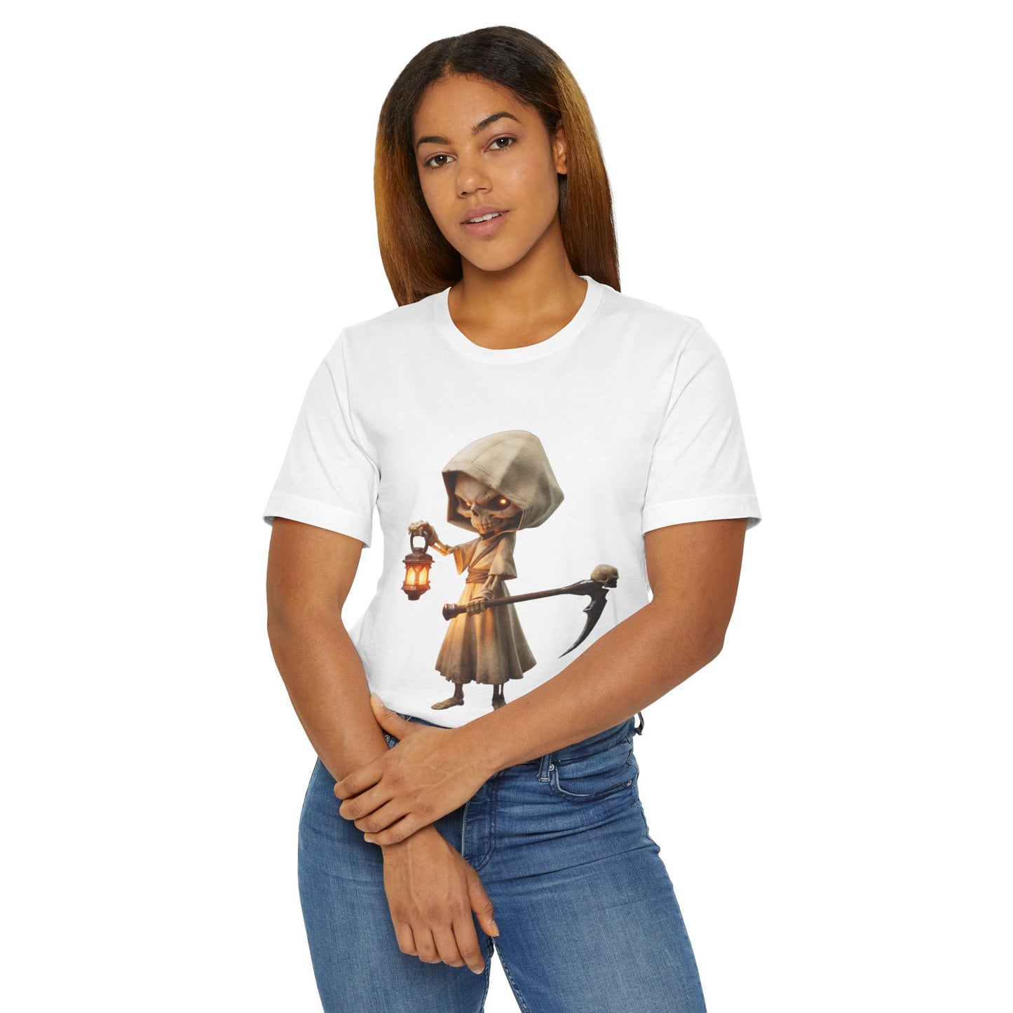 Lantern-Bearing Reaper Jersey T-Shirt – Candlelit Skeleton Sentinel